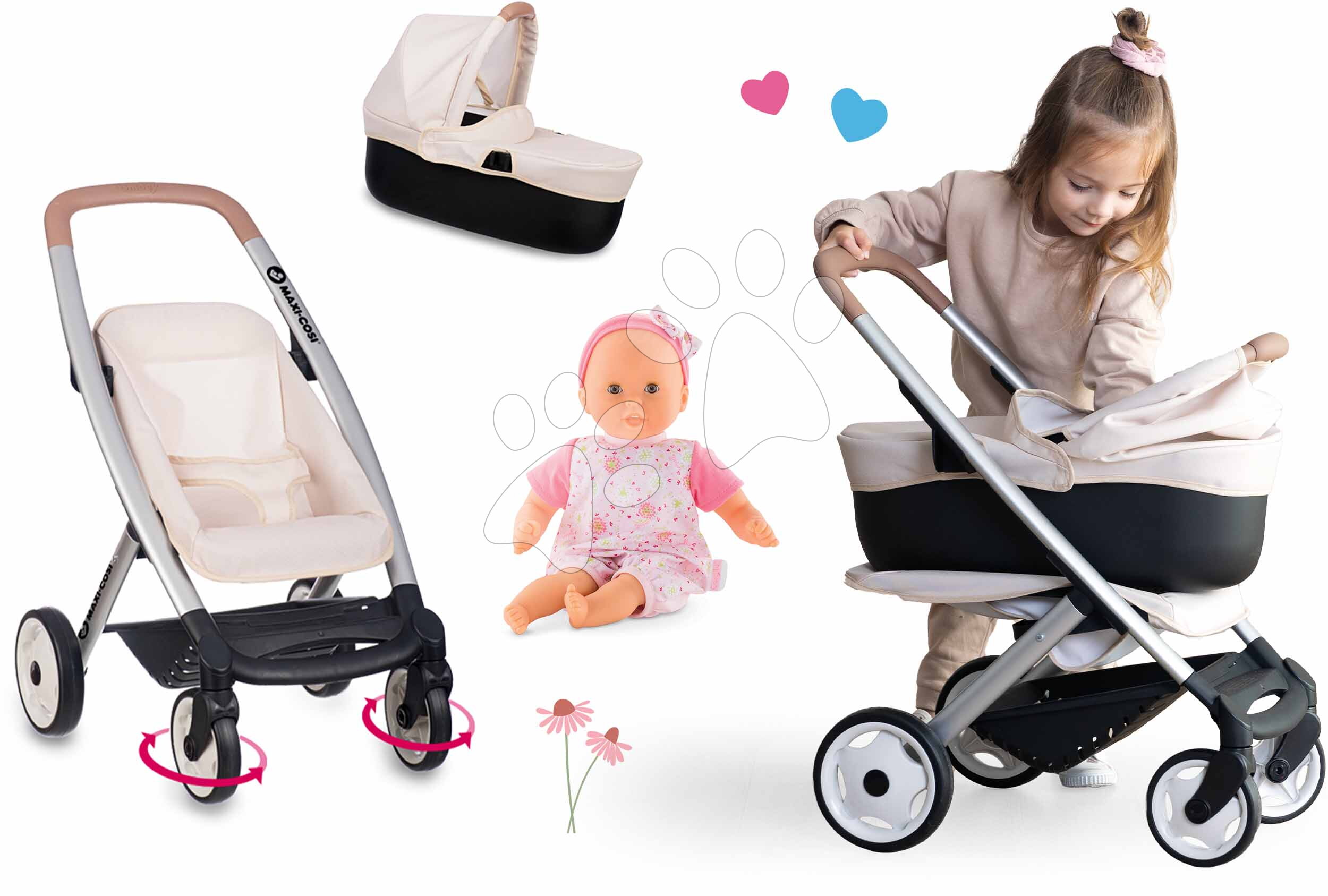 Set kočík trojkombinácia Puschair Sandy Maxi Cosi&Quinny Smoby s 30 cm bábikou Bébé Calin so 4 zvukmi a 3 melódiami
