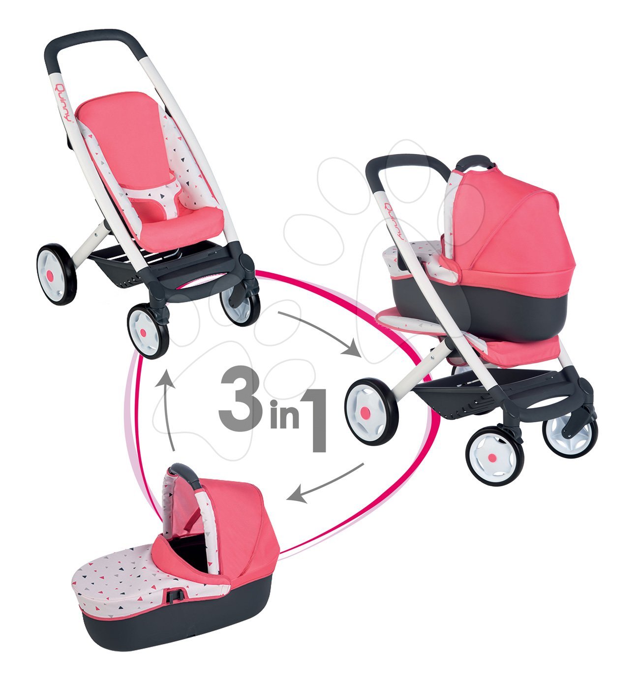 Smoby mély és sport babakocsi Trio Pastel Maxi Cosi&Quinny 3in1 mózeskosárral játékbabának rózsaszín mintás 253198