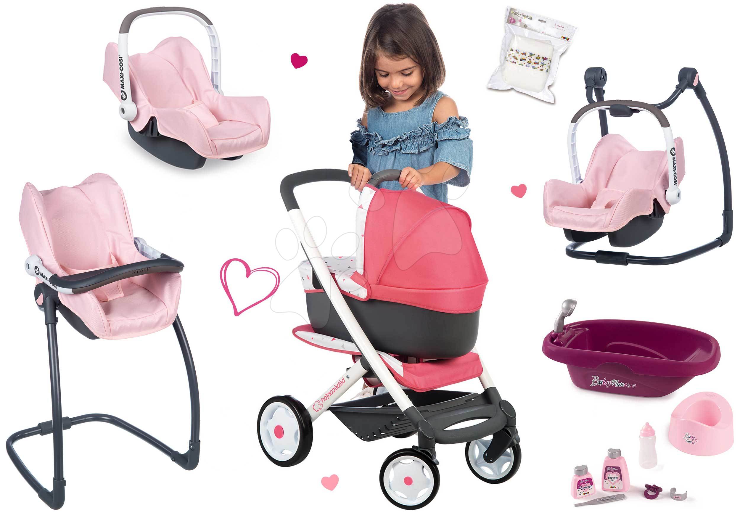 Set kočík hlboký trojkombinácia Trio Pastel Maxi Cosi & Quinny 3v1 Smoby a jedálenská stolička autosedačka a hojdačka s vaničkou a pamperskami