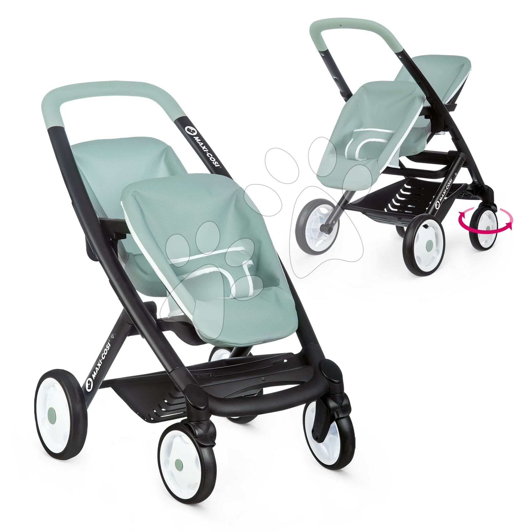 Iker babakocsi dönthető ülésekkel Maxi Cosi Twin Pushchair Sage Smoby 42 cm nagyságú játékbabának tolókar magassága 65 cm olivazöld