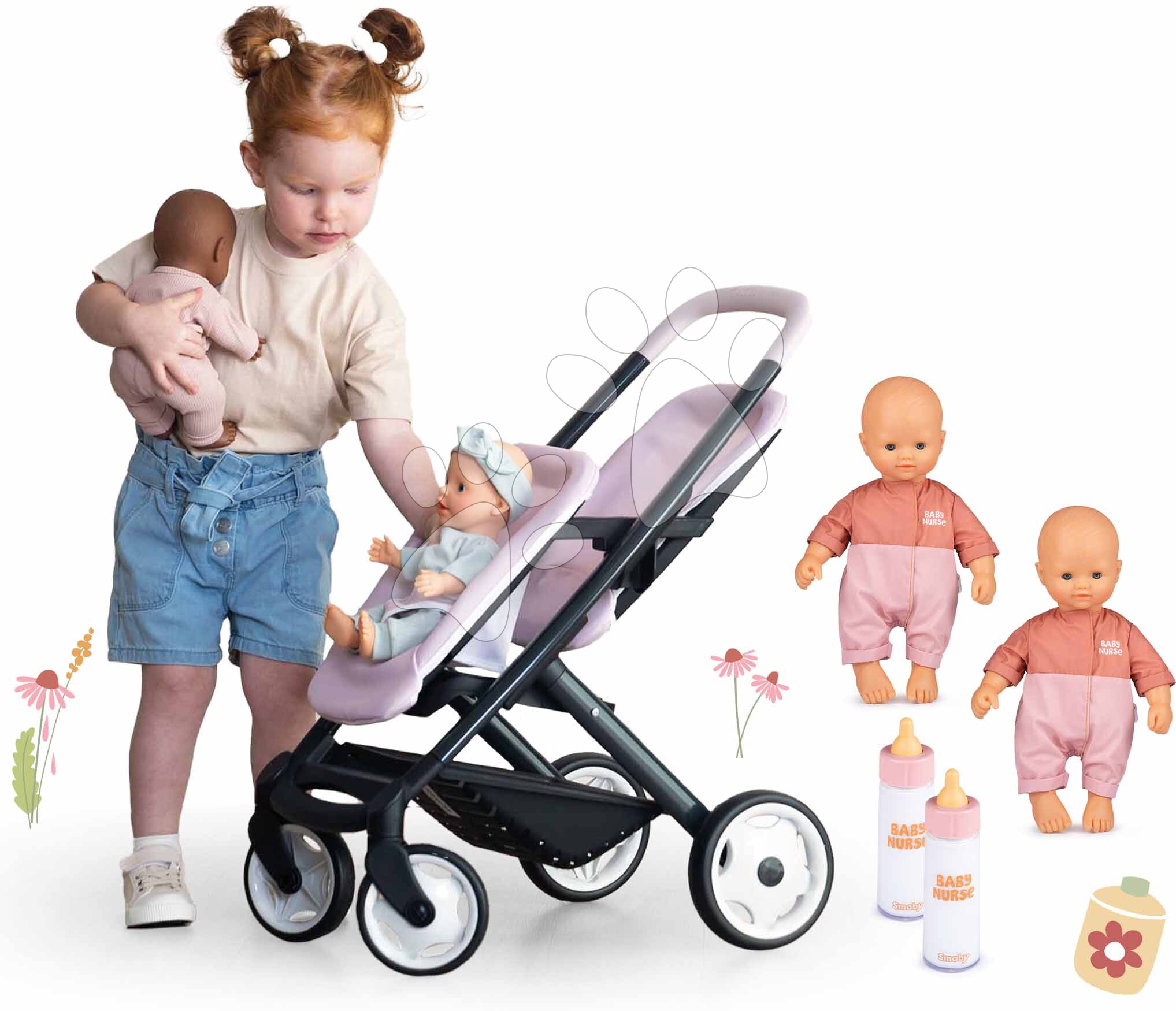 Set kočík s bábikami dvojičkami Twin Pushchair Pink Maxi Cosi&Quinny Smoby a fľašky na kŕmenie