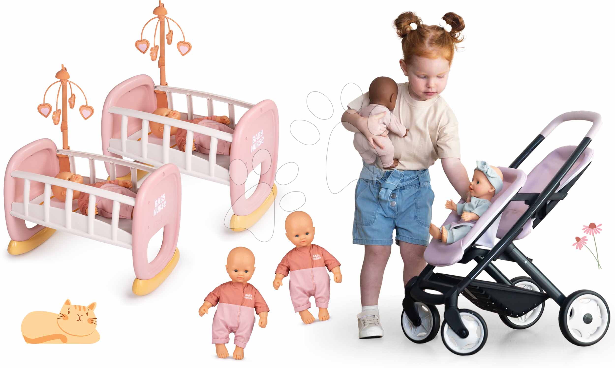 Set kočík pre dvojičky bábiky v izbe Twin Pushchair Pink Maxi Cosi&Quinny Smoby a kolísky s kolotočom
