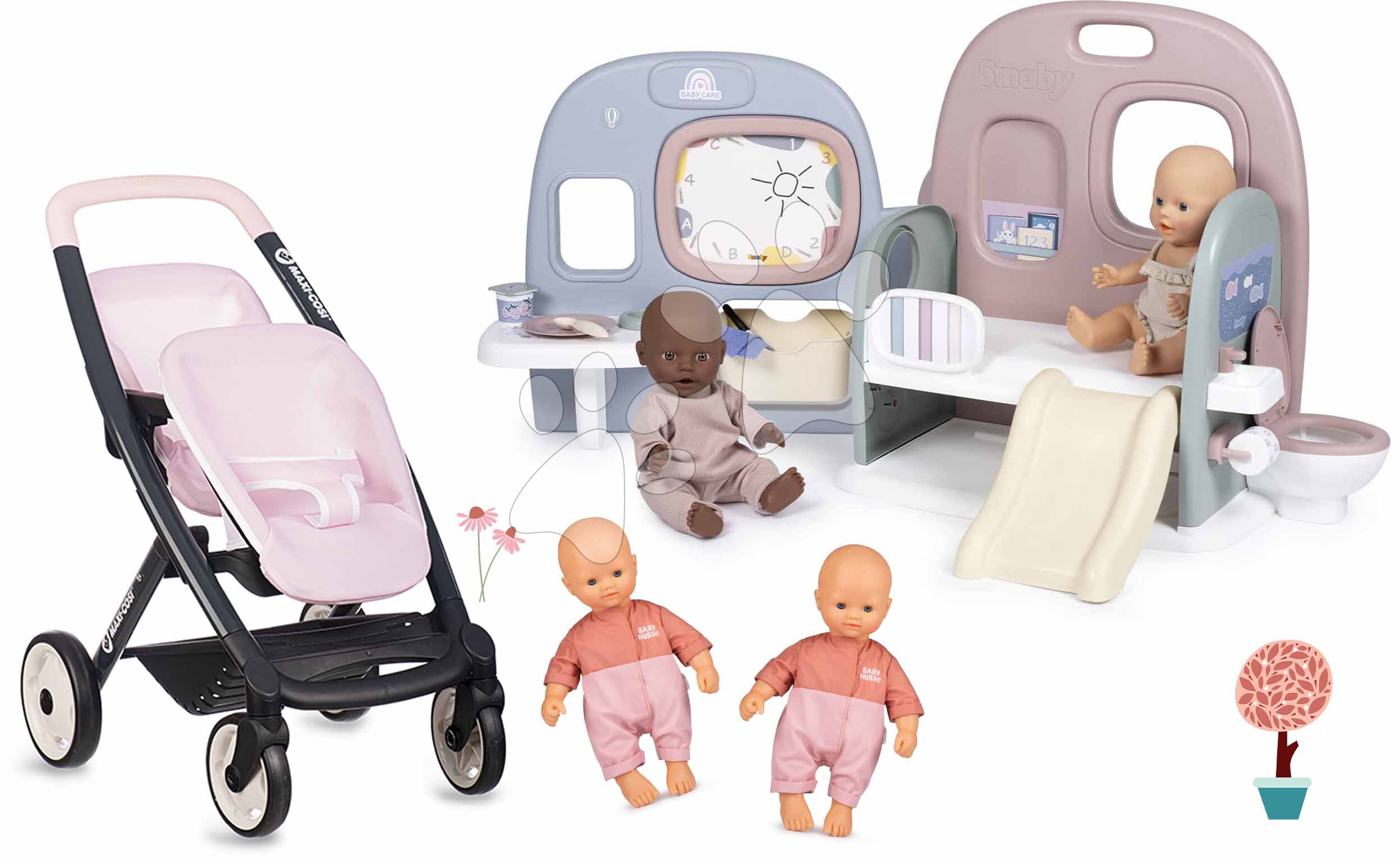 Set kočík pre dvojičky bábiky v škôlke Twin Pushchair Pink Maxi Cosi&Quinny Smoby a domček s 5 hernými zónami