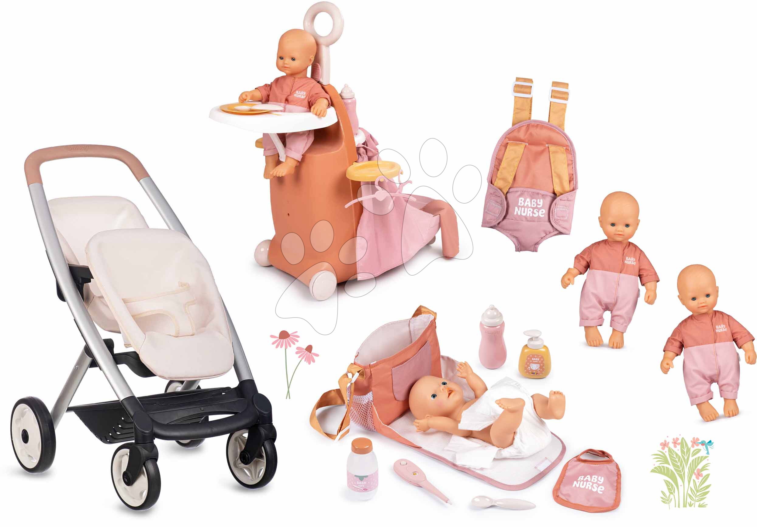 Set kočík s dvojičkami bábikami na prechádzke Twin Pushchair Sandy Maxi Cosi&Quinny Smoby a kufrík s klokankou a taškou