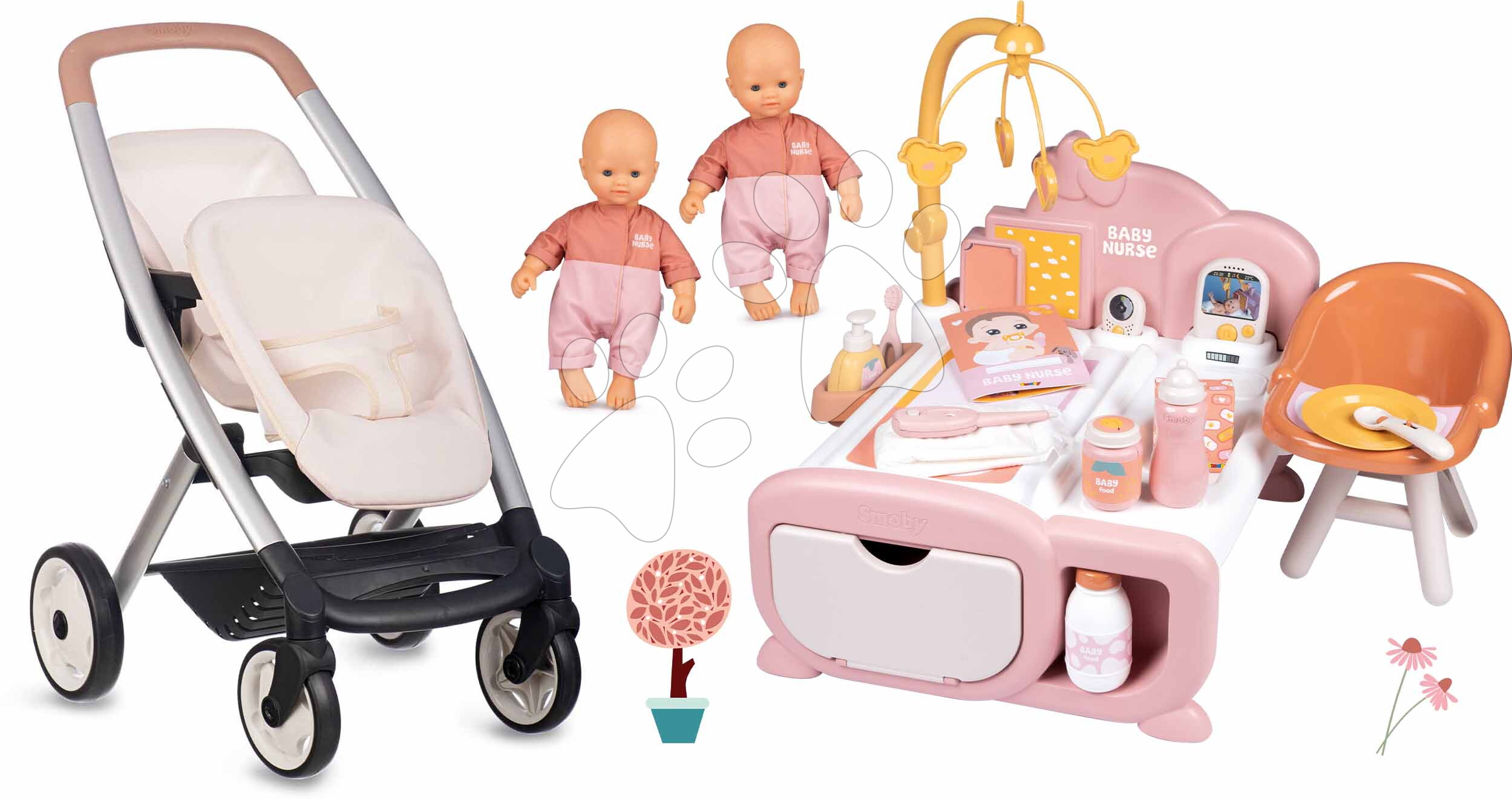 Set kočárek s dvojčaty panenkami v ložnici Twin Pushchair Sandy Maxi Cosi&Quinny Smoby a domeček s denní a noční zónou