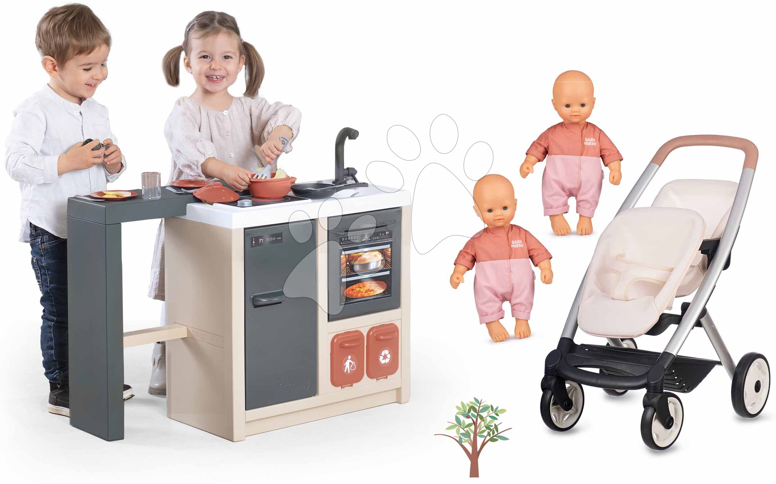 Set kočík s dvojičkami bábikami v kuchyni Twin Pushchair Sandy Maxi Cosi&Quinny Smoby ostrovček s magickými cestovinami