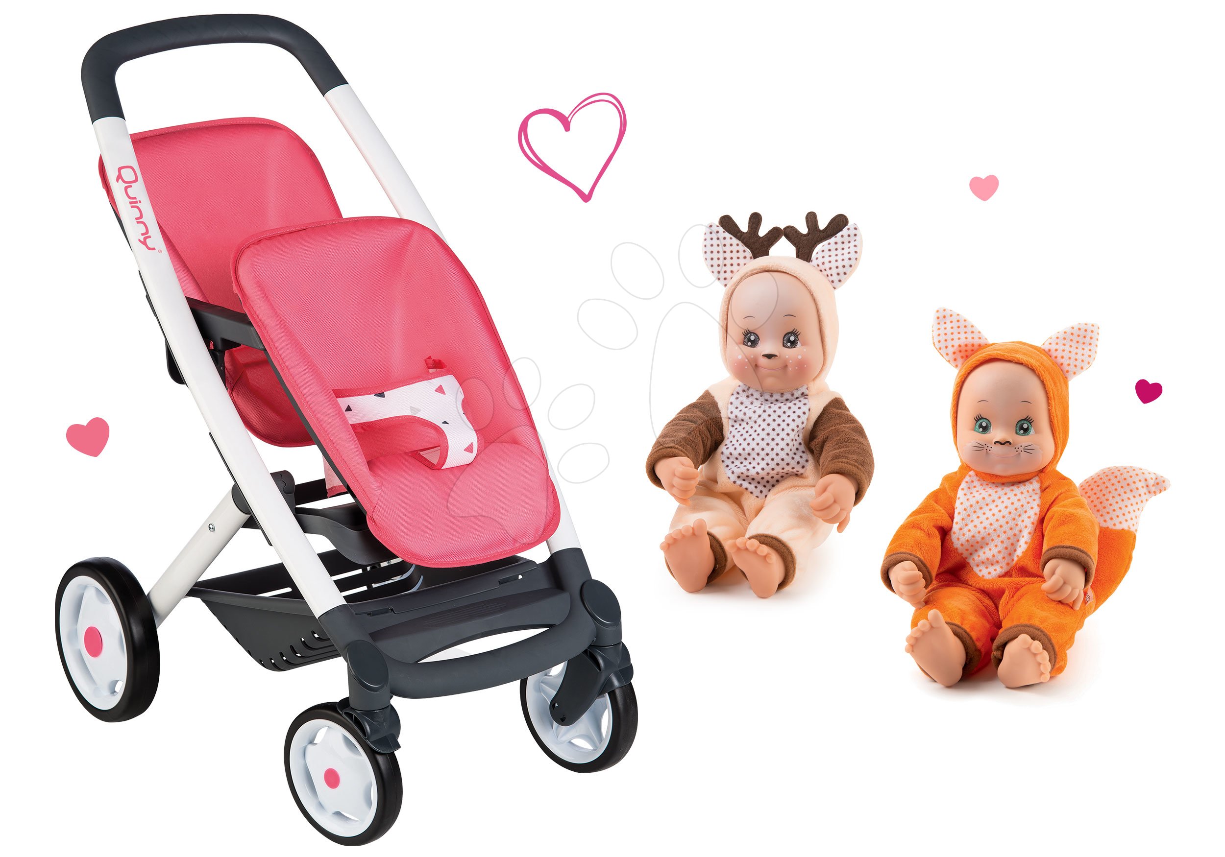 Set kočík pre dve bábiky Twin Trio Pastel Maxi Cosi & Quinny Smoby a bábiky dvojičky v kostýme MiniKiss Animal Doll so zvukom