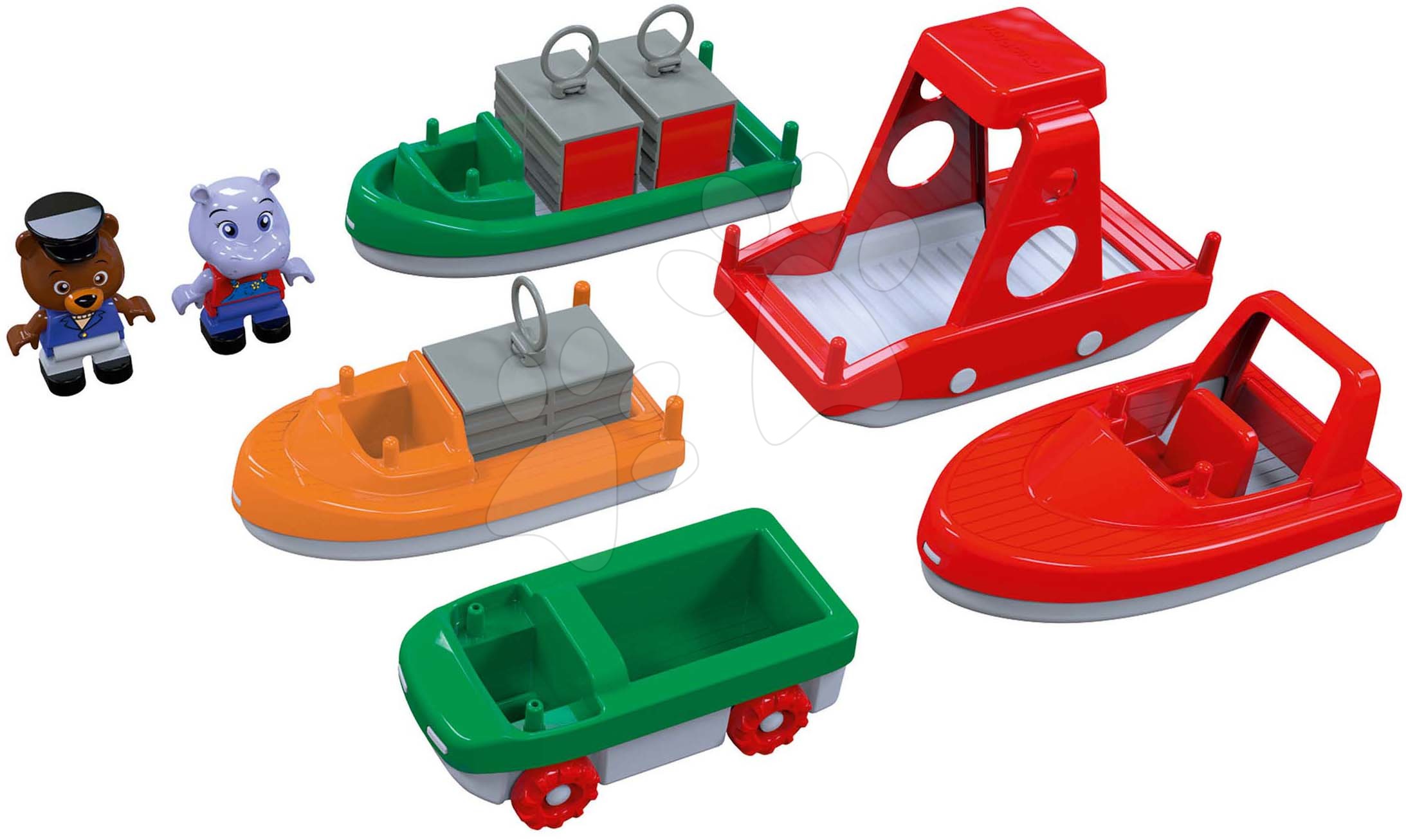 Accesorii pentru pistele de apă - Nave containere și bărci cu motor AquaPlay cu hipopotam și urs 7 bucăți (compatibile cu jocul Duplo)