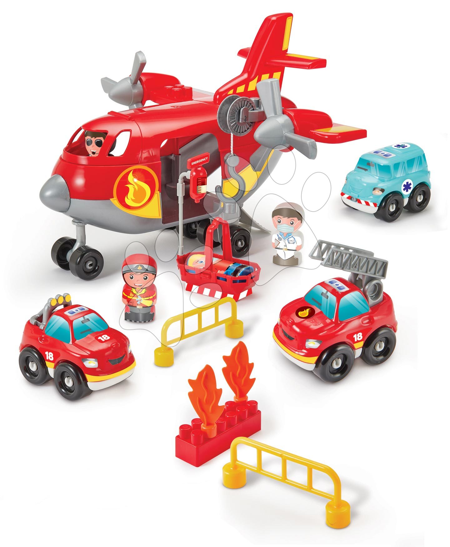 Abrick építőkockák - Építőjáték tűzoltók repülőgéppel Abrick Fireman Cargo Plane Écoiffier 4 figura és 3 jármű 18 hó-tól