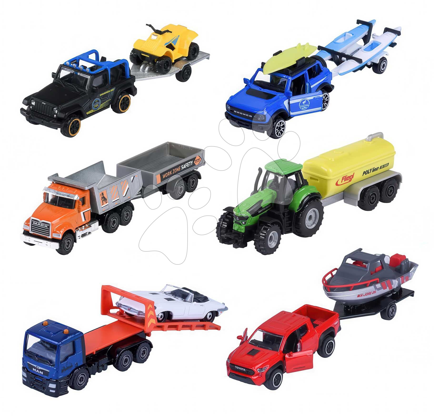 Autíčko s prívesom City Trailer Majorette s pohyblivými časťami 13 cm dĺžka 6 rôznych druhov