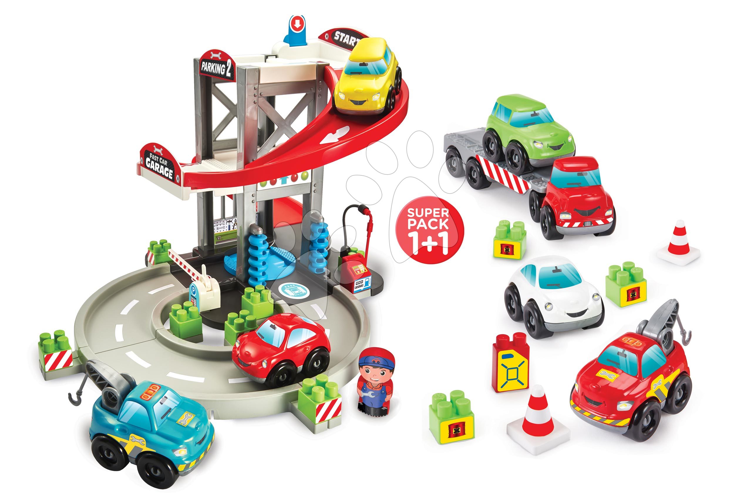 Otroške kocke Abrick - Kocke Abrick parkirna hiša s tovornjakom Fast Car Écoiffier s 7 avtomobilčki in 1 figurico od 18 mes