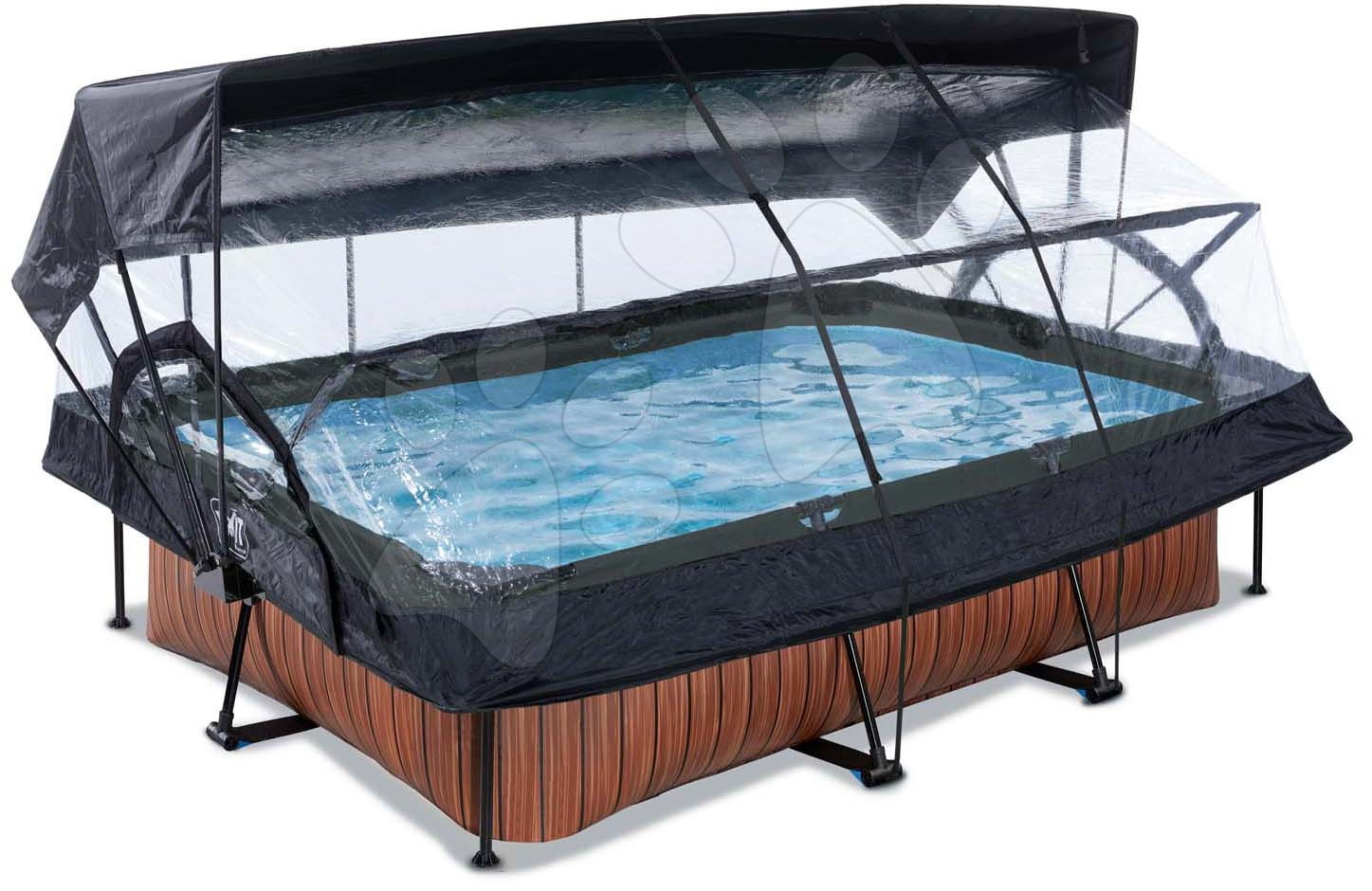 Bazén so strieškou krytom a filtráciou Wood pool Exit Toys oceľová konštrukcia 220*150*65 cm hnedý od 6 rokov