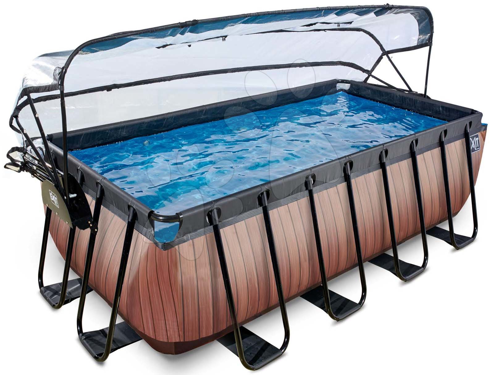 Bazény obdĺžnikové - Bazén s krytom a pieskovou filtráciou Wood pool Exit Toys oceľová konštrukcia 400*200*122 cm hnedý od 6 rokov