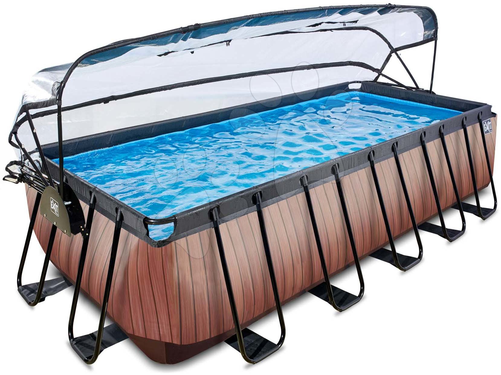 Bazény obdĺžnikové - Bazén s krytom a pieskovou filtráciou Wood pool Exit Toys oceľová konštrukcia 540*250*122 cm hnedý od 6 rokov