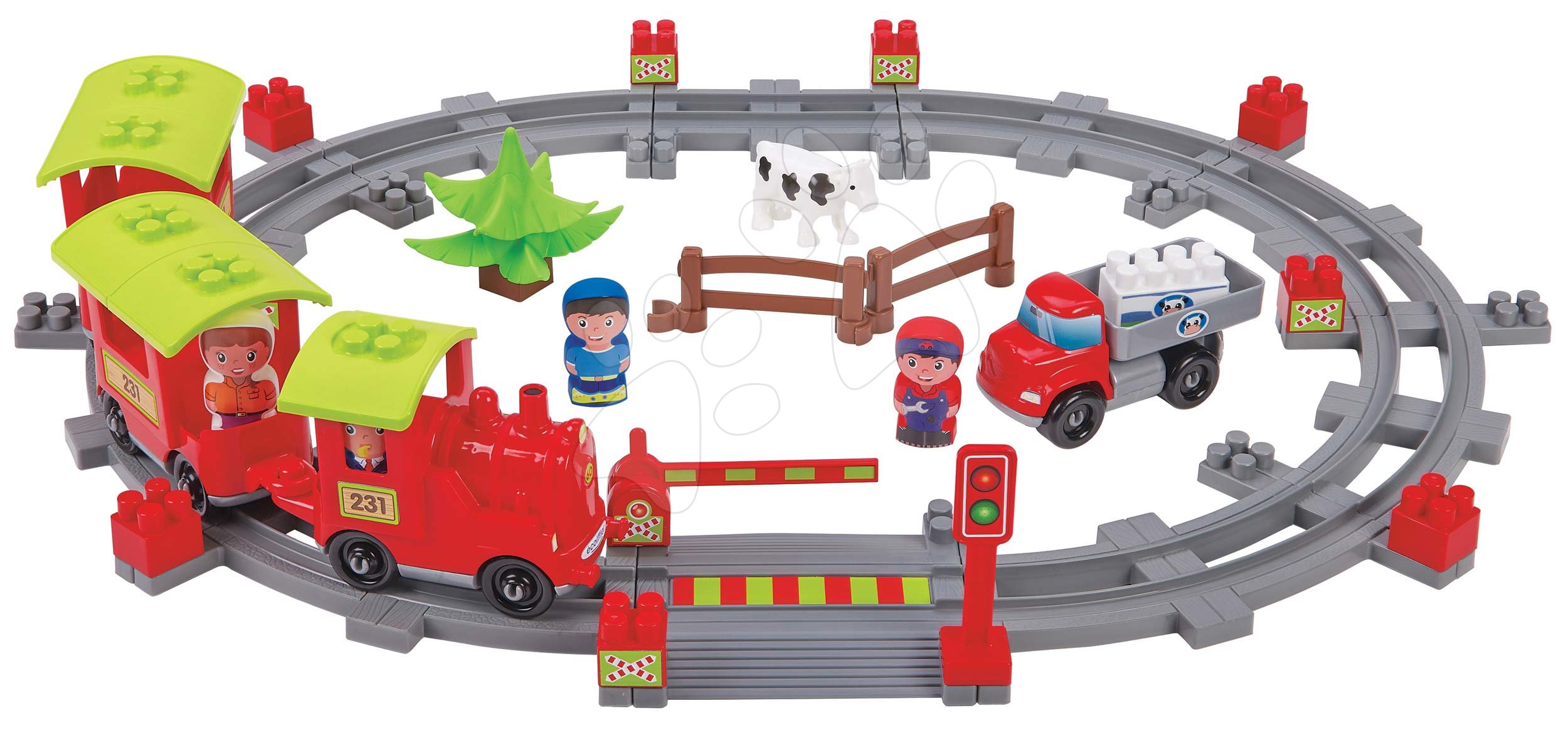 Abrick építőkockák - Építőjáték Vonat sínekkel Steam Train Abrick Ecoiffier 2 vasúti kocsival és 4 figurával 18 hónapos kortól