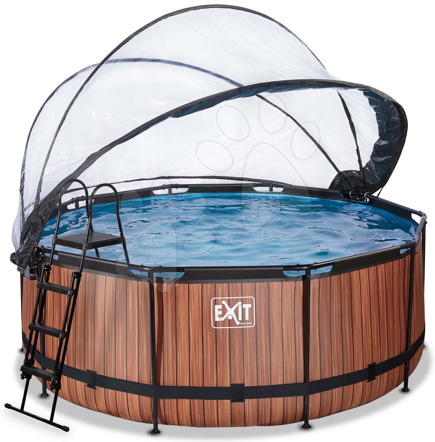 Bazén s krytom pieskovou filtráciou a tepelným čerpadlom Wood pool Exit Toys kruhový oceľová konštrukcia 360*122 cm hnedý od 6 rokov