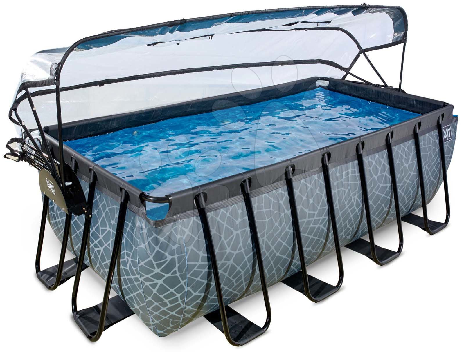 Bazény obdĺžnikové - Bazén s krytom pieskovou filtráciou a tepelným čerpadlom Stone pool Exit Toys oceľová konštrukcia 400*200*122 cm šedý od 6 rokov