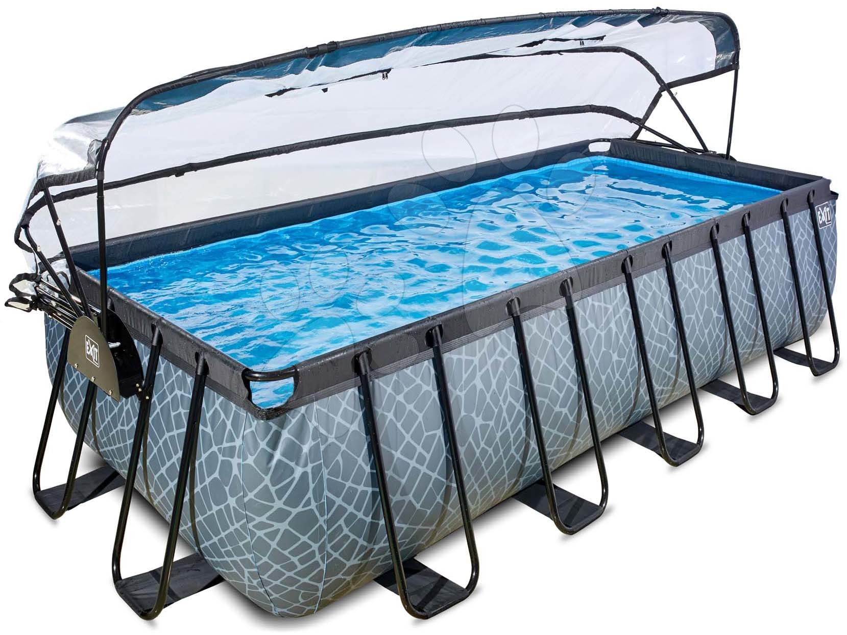 Obdélníkové bazény  - Bazén s krytem pískovou filtrací a tepelným čerpadlem Stone pool Exit Toys ocelová konstrukce 540*250*122 cm šedý od 6 let