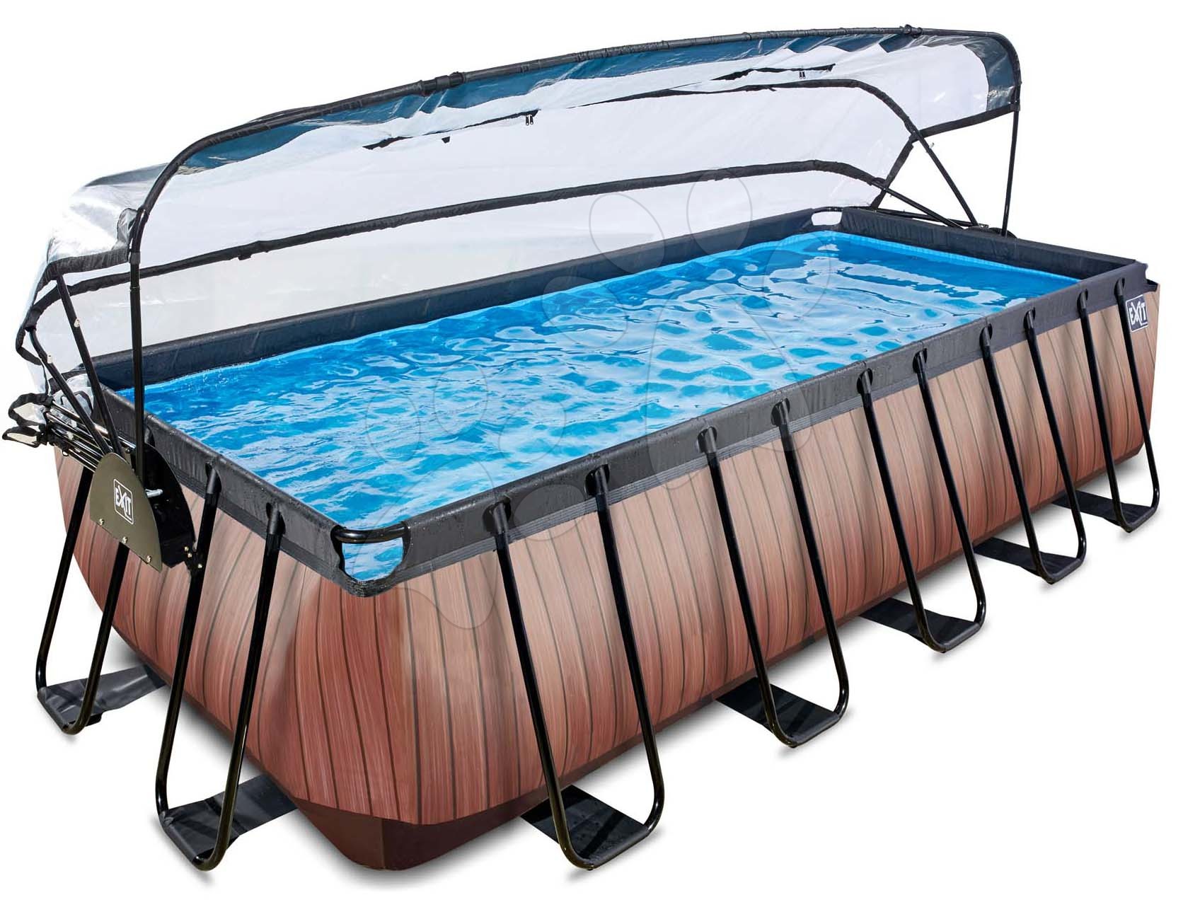 Obdélníkové bazény  - Bazén s krytem pískovou filtrací a tepelným čerpadlem Wood pool Exit Toys ocelová konstrukce 540*250*122 cm hnědý od 6 let