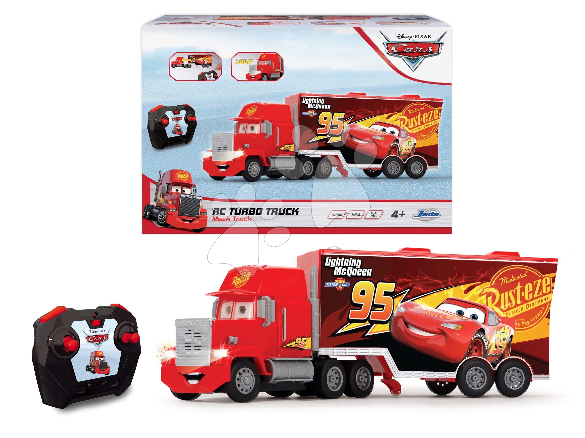 Távirányítós kisautó utánfutóval RC Cars 3 Turbo Mack Truck Jada hanggal és fénnyel hossza 46 cm 5 évtől D3089039