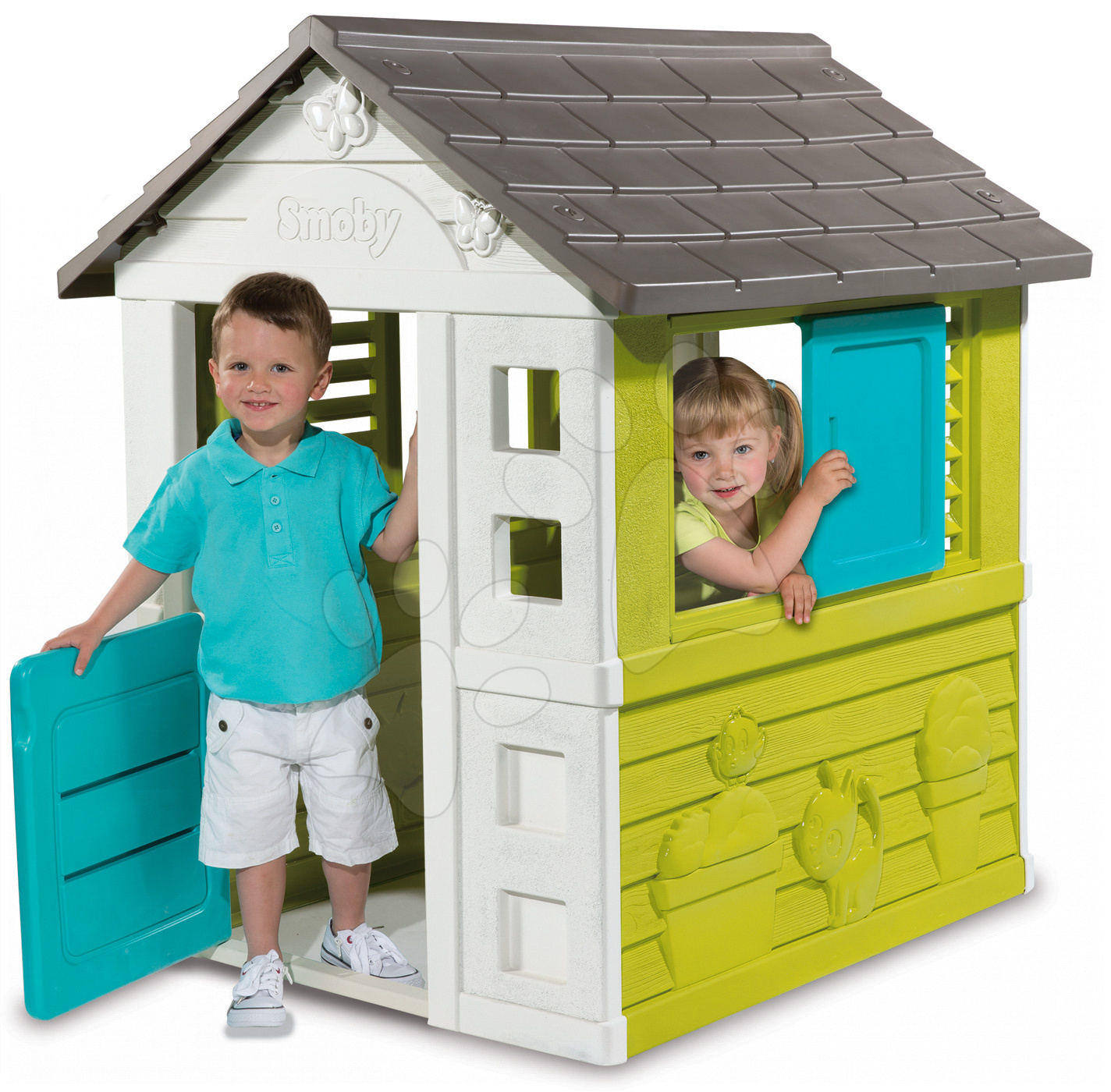 Hišice za otroke - Hišica Pretty Blue Smoby s premično naoknico in UV filtrom od 24 mes