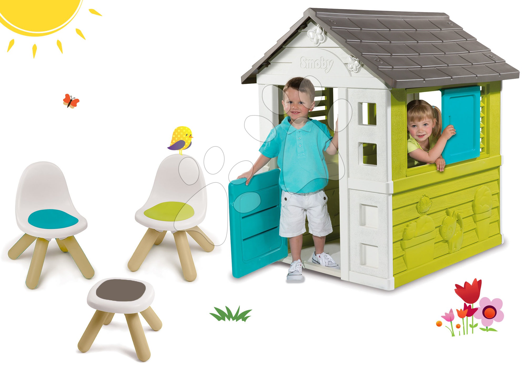 Domčeky s nábytkom - Set domček Pretty Blue Smoby a Piknik stolík s dvoma stoličkami KidChair Blue od 24 mes