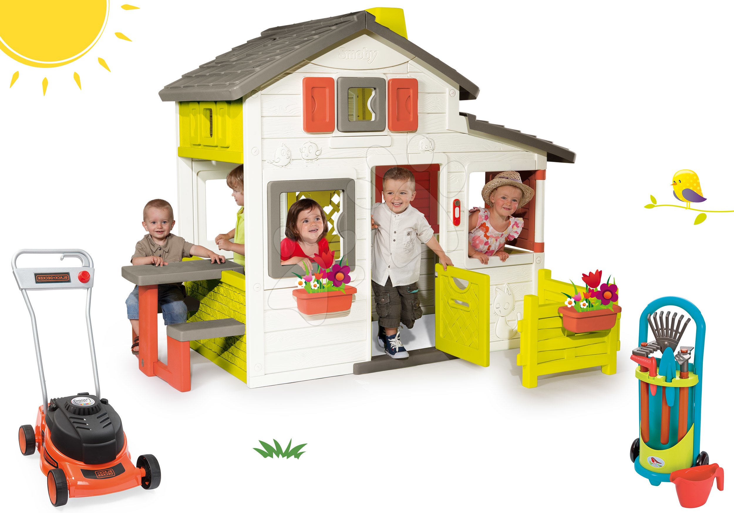 Smoby set domček Priateľov s predzáhradkou a kosačka s vozíkom pre záhradníka 310209-20