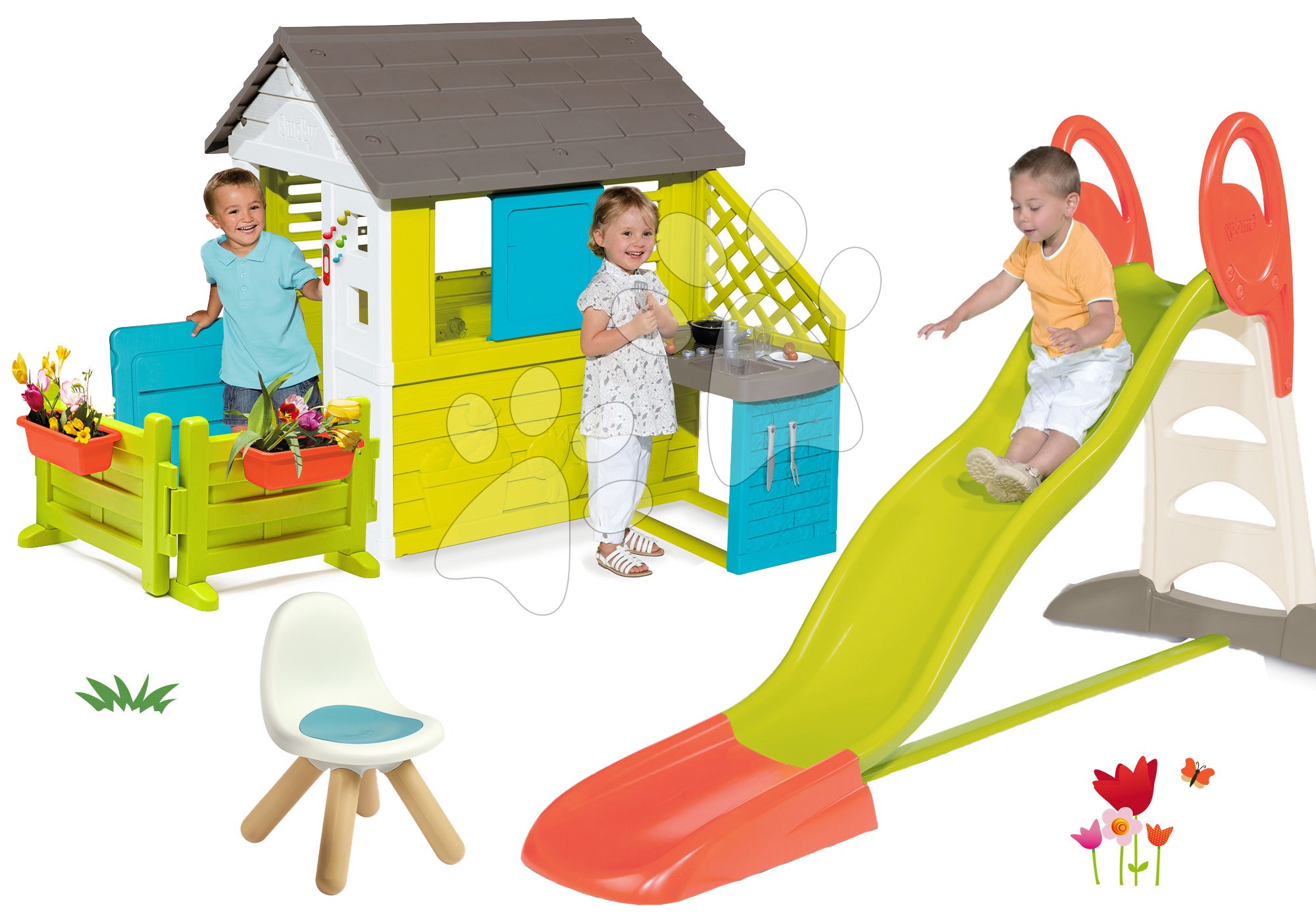 Set šmykľavka Toboggan XL s vodou Smoby a domček Nature s kuchynkou záhradkou elektronickým zvončekom a stolčekom