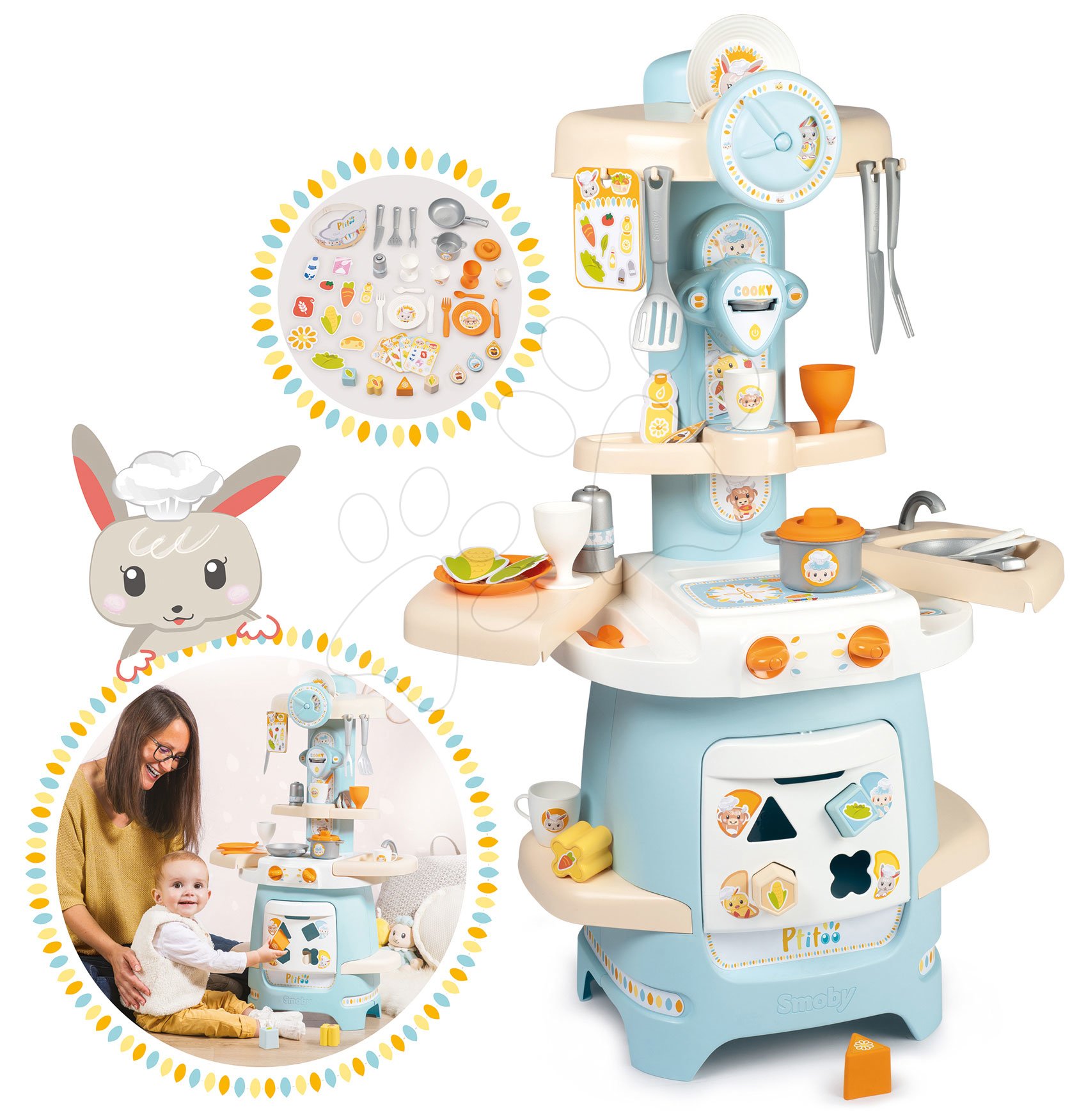 Egyszerű játékkonyhák - Készségfejlesztő konyhácska legkisebbeknek Ptitoo Smoby kockákkal és hangot kiadó órával 18 hó-tól