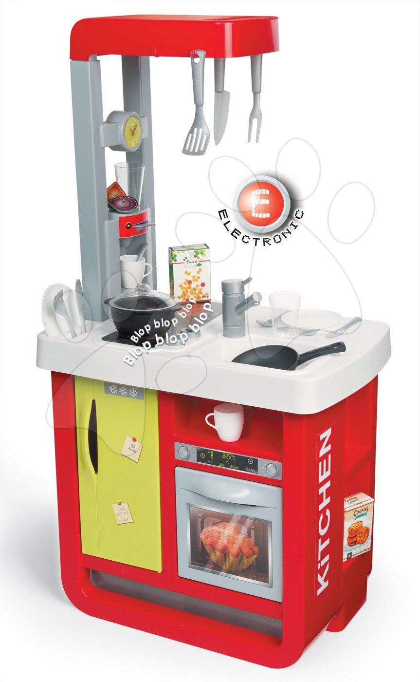 Elektronikus játékkonyhák - Játékkonyha Bon Appetit Red&Green Smoby elektronikus kávéfőzővel, hanggal, fénnyel és 23 kiegészítővel piros