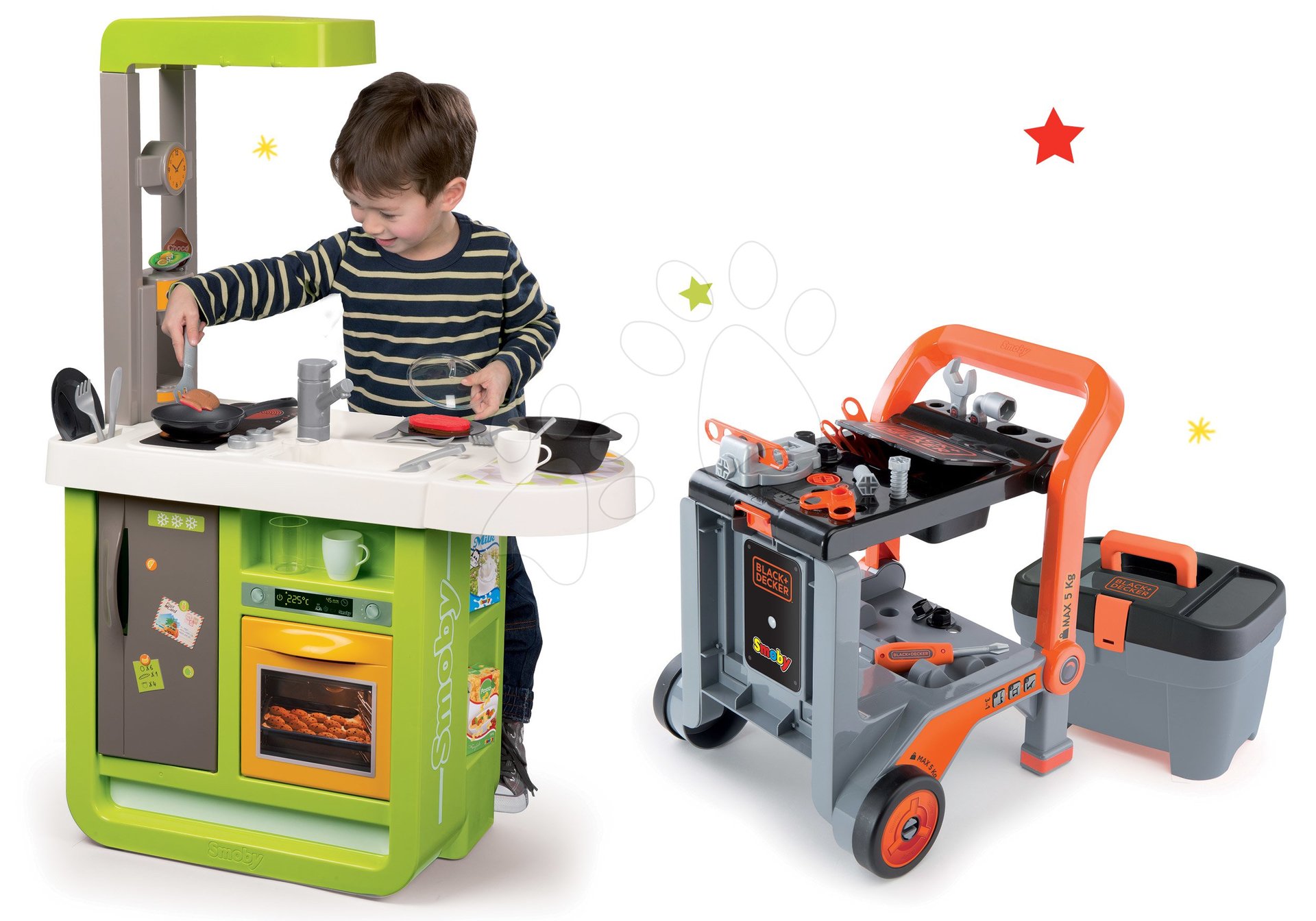 Smoby set kuchynka Cherry Kitchen a skladacia dielňa Black&Decker Devil Workmate 310900-10