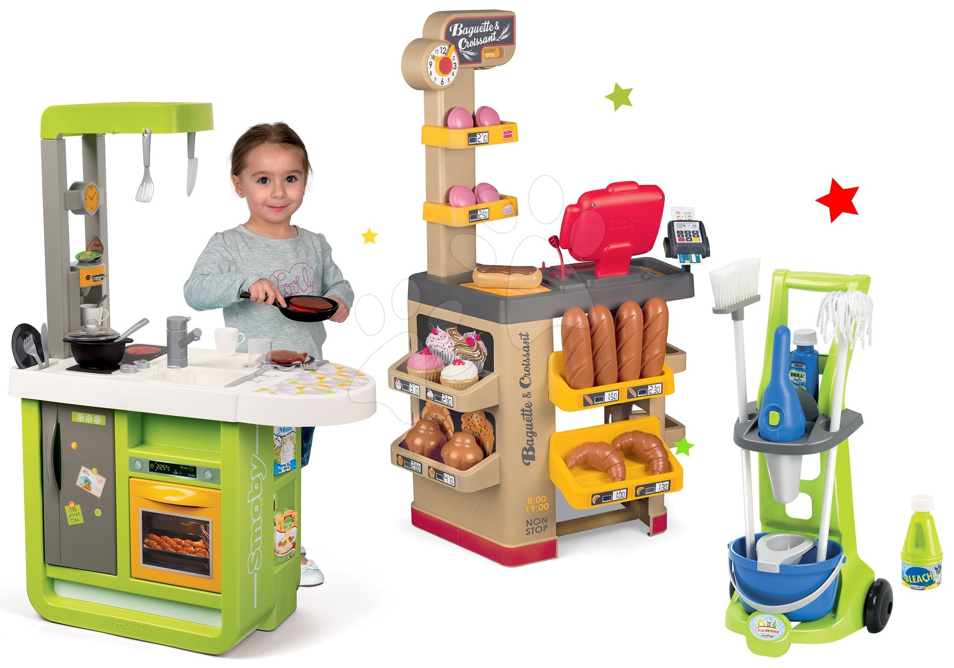 Smoby detská kuchynka Cherry Kitchen a upratovací vozík Clean 310900-4