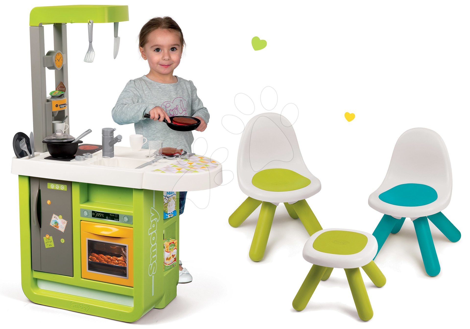 Smoby set detská kuchynka Cherry Kitchen a detský stolík Piknik s dvoma stoličkami KidChair Blue 310900-6