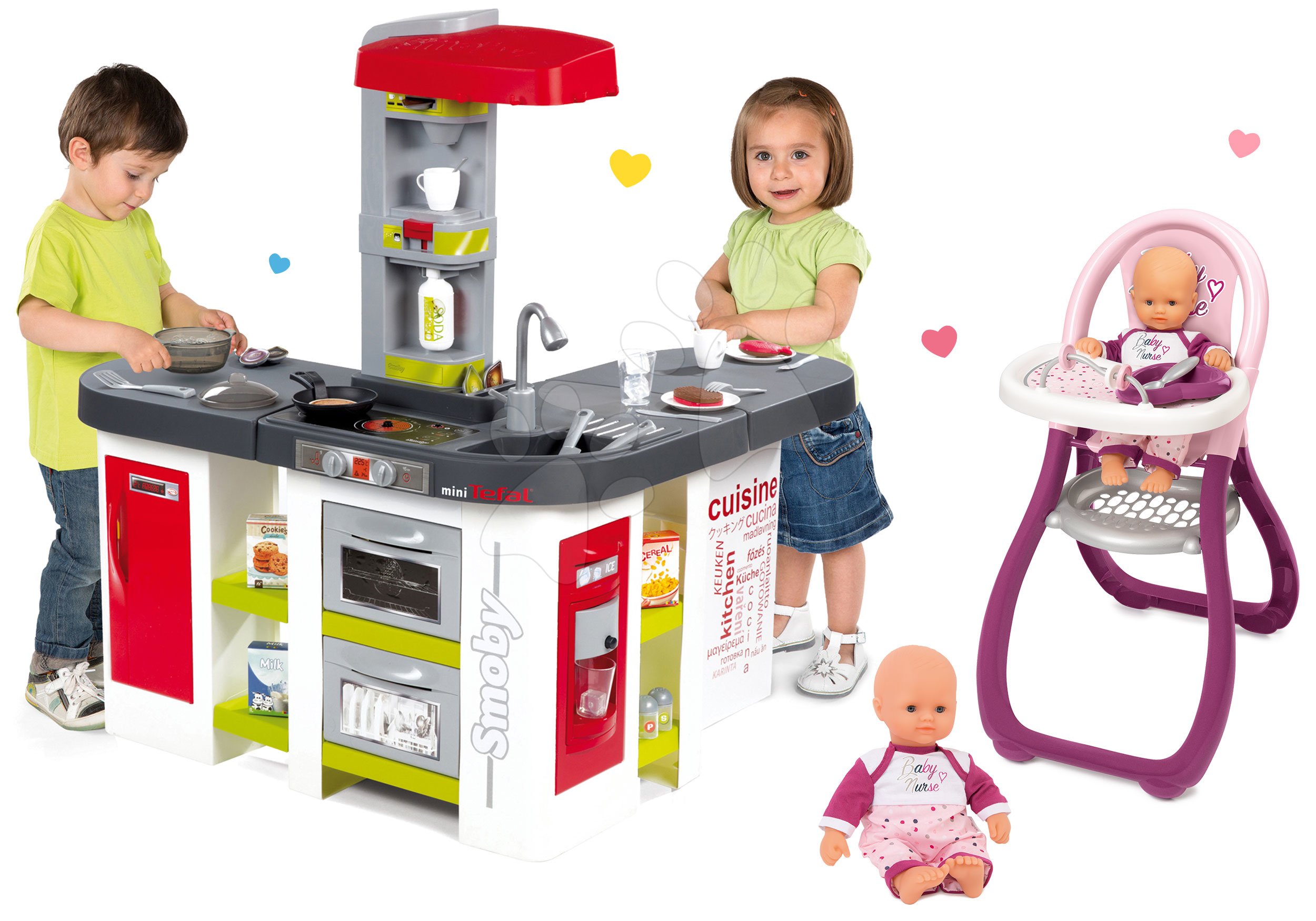 Smoby set kuchynka Tefal Studio XXL, jedálenská stolička a bábika Baby Nurse Zlatá edícia 311018-23