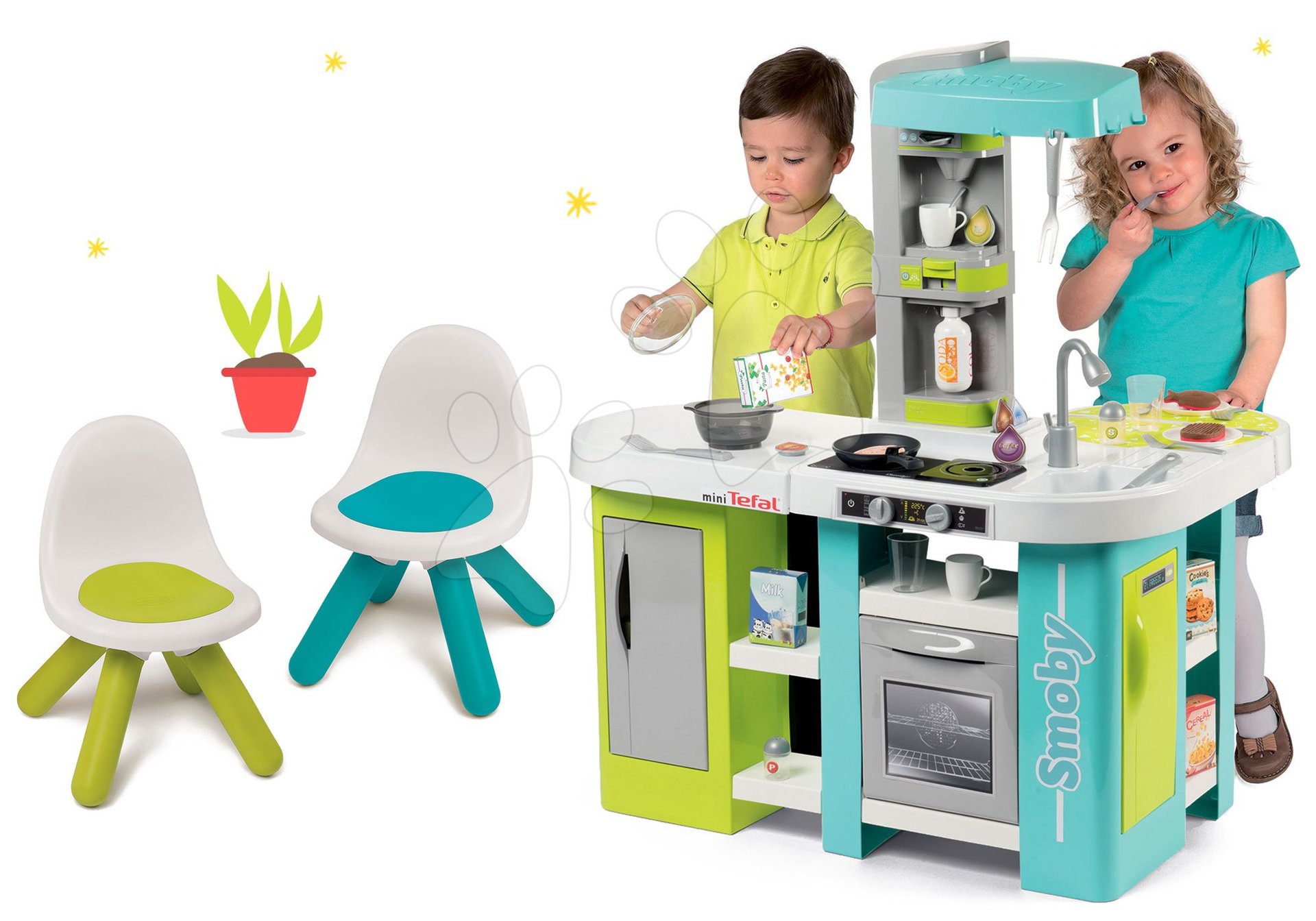 Smoby set kuchynka elektronická Tefal Studio XL Bubble a dve stoličky 311035-20