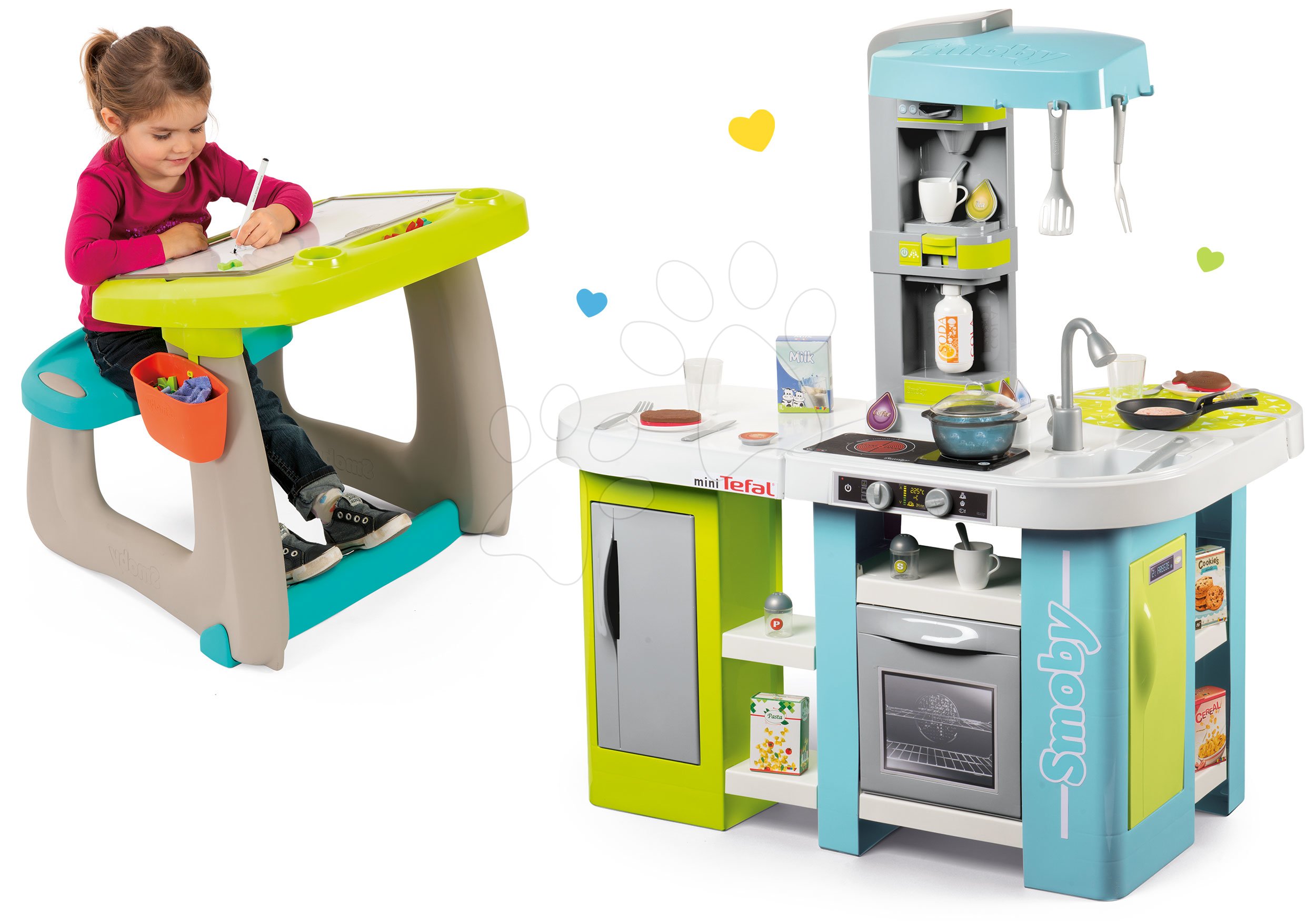 Smoby set kuchynka elektronická Tefal Studio XL Bubble a lavica s odkladacím priestorom a tabuľou 311035-21