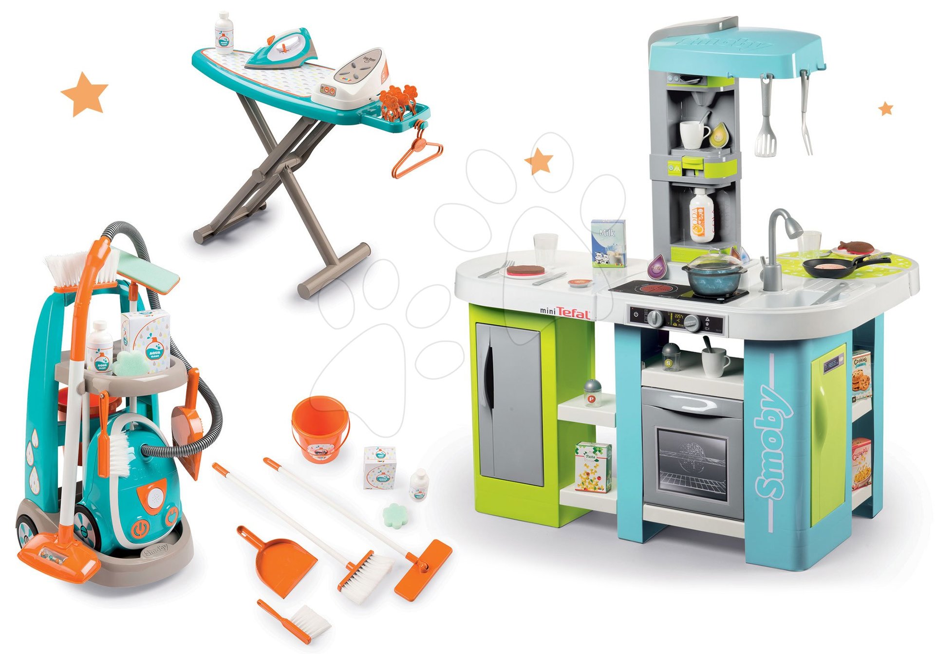Smoby set kuchynka elektronická Tefal Studio XL Bubble a upratovací vozík s vysávačom a žehliacou doskou 311035-3