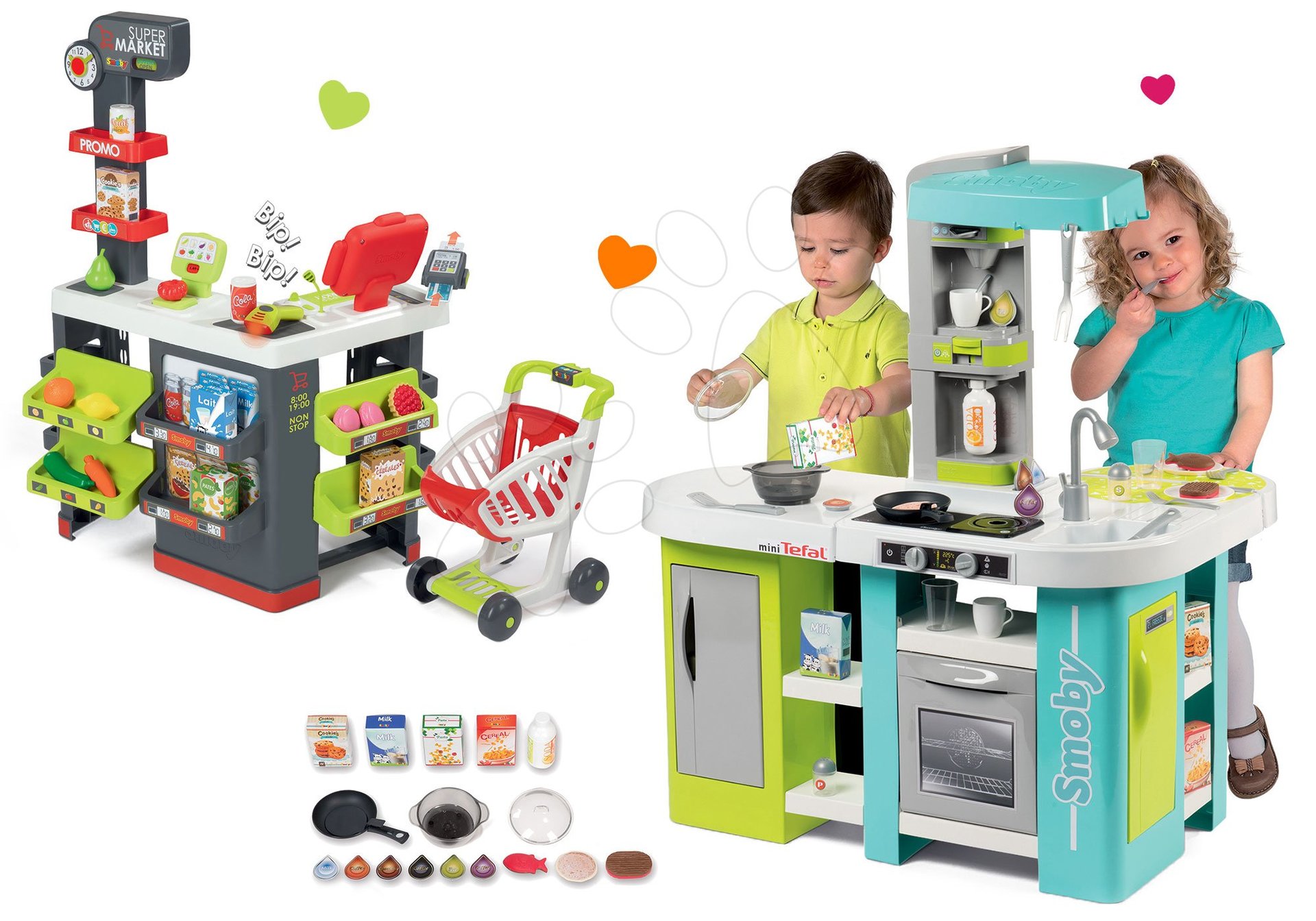 Smoby set kuchynka elektronická Tefal Studio XL Bubble a obchod s vozíkom Supermarket s pokladňou 311035-7