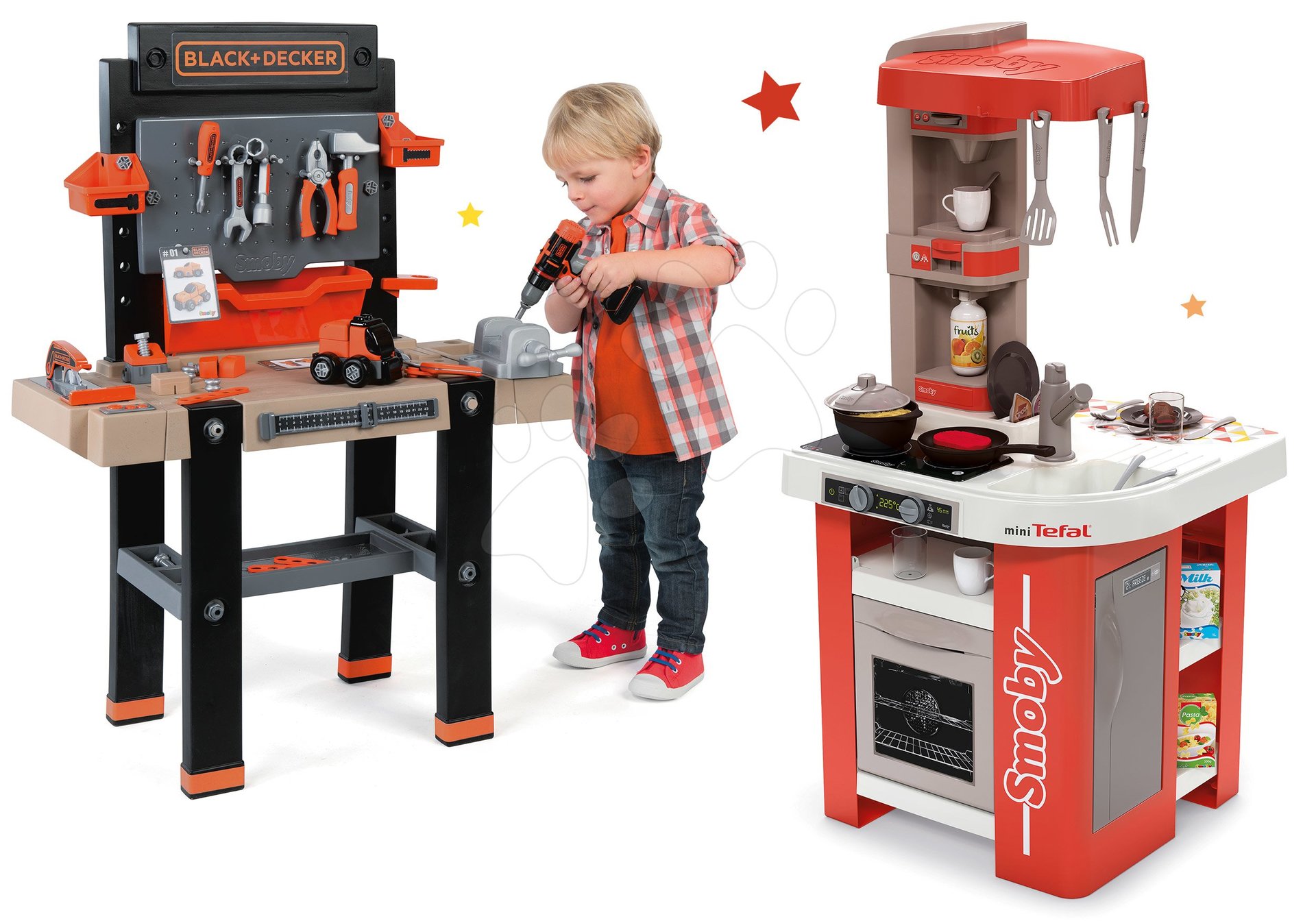 Set kuchynka elektronická Tefal Studio 360° Smoby a pracovná dielňa Black+Decker s funkčnou vŕtačkou