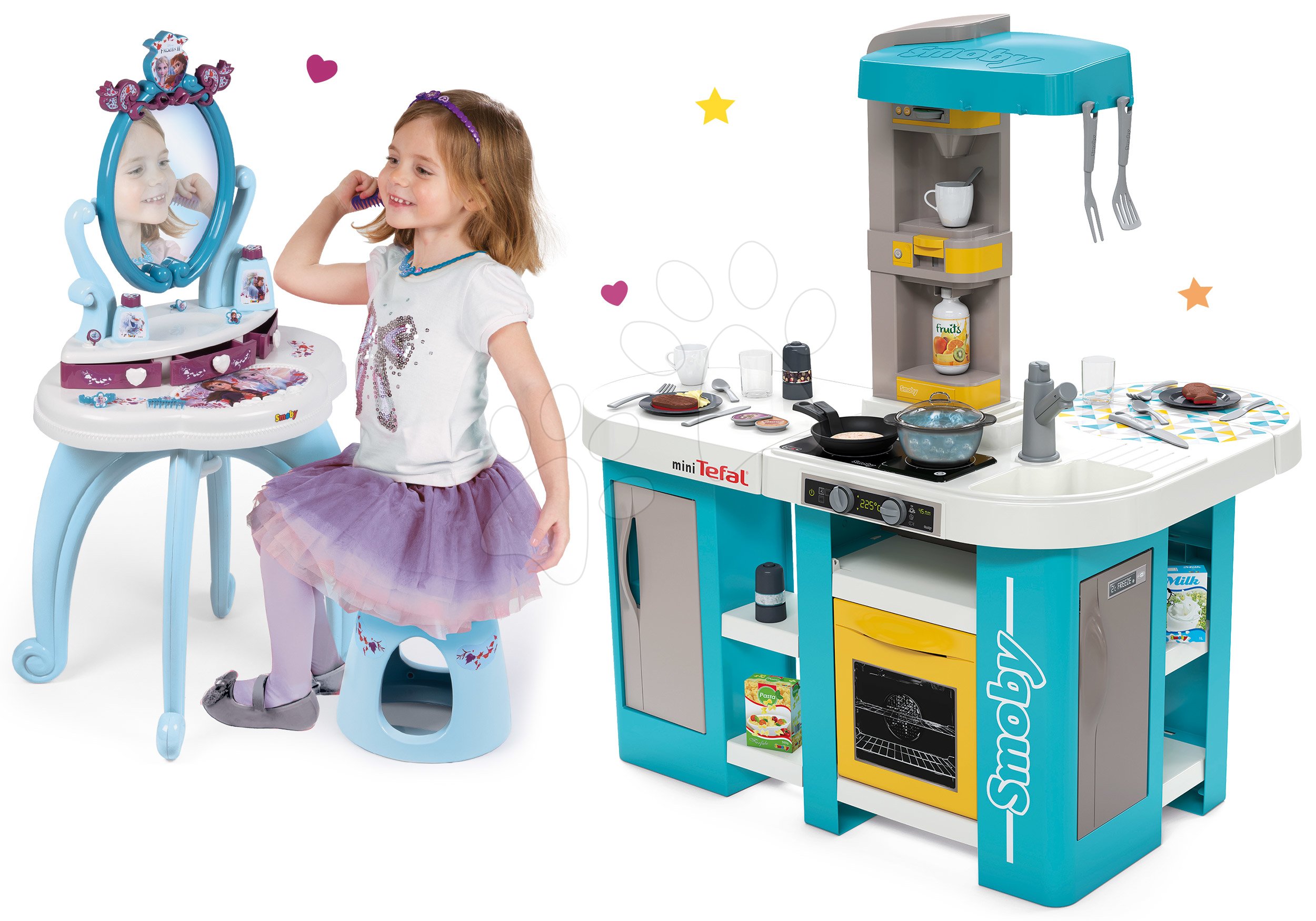 Set kuchyňka elektronická Tefal Studio 360° XL Bubble Smoby a kosmetický stolek Frozen s židlí