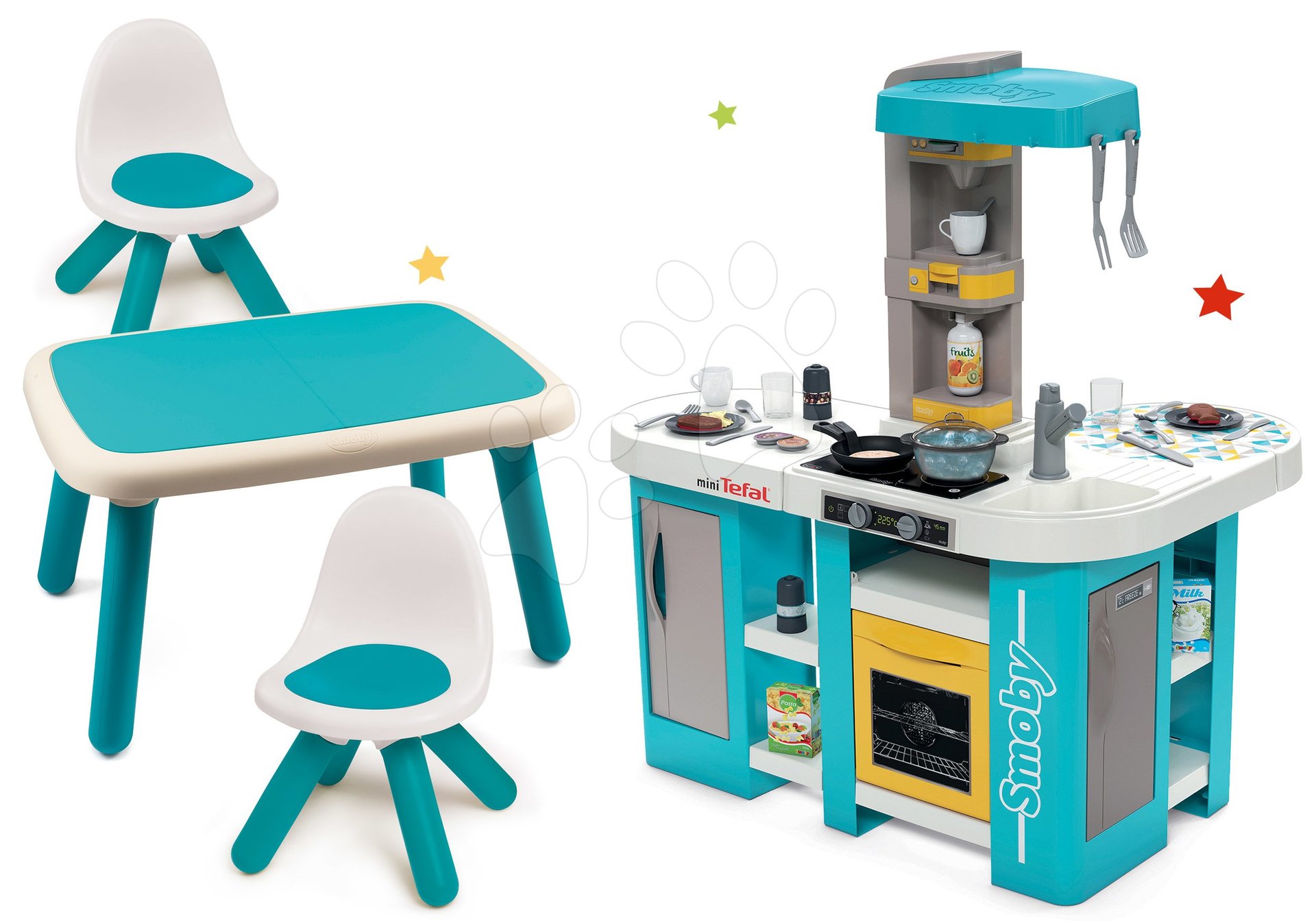 Set kuchyňka elektronická Tefal Studio 360° XL Bubble Smoby a stůl se dvěma židlemi