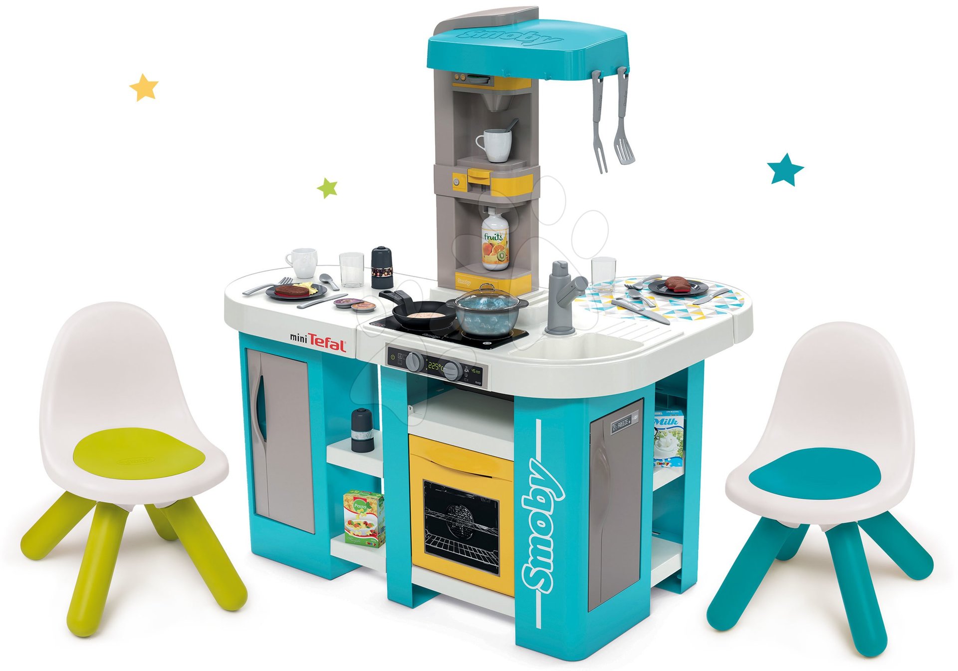Set kuchynka elektronická Tefal Studio 360° XL Bubble Smoby a stolička Kid modrá a zelená