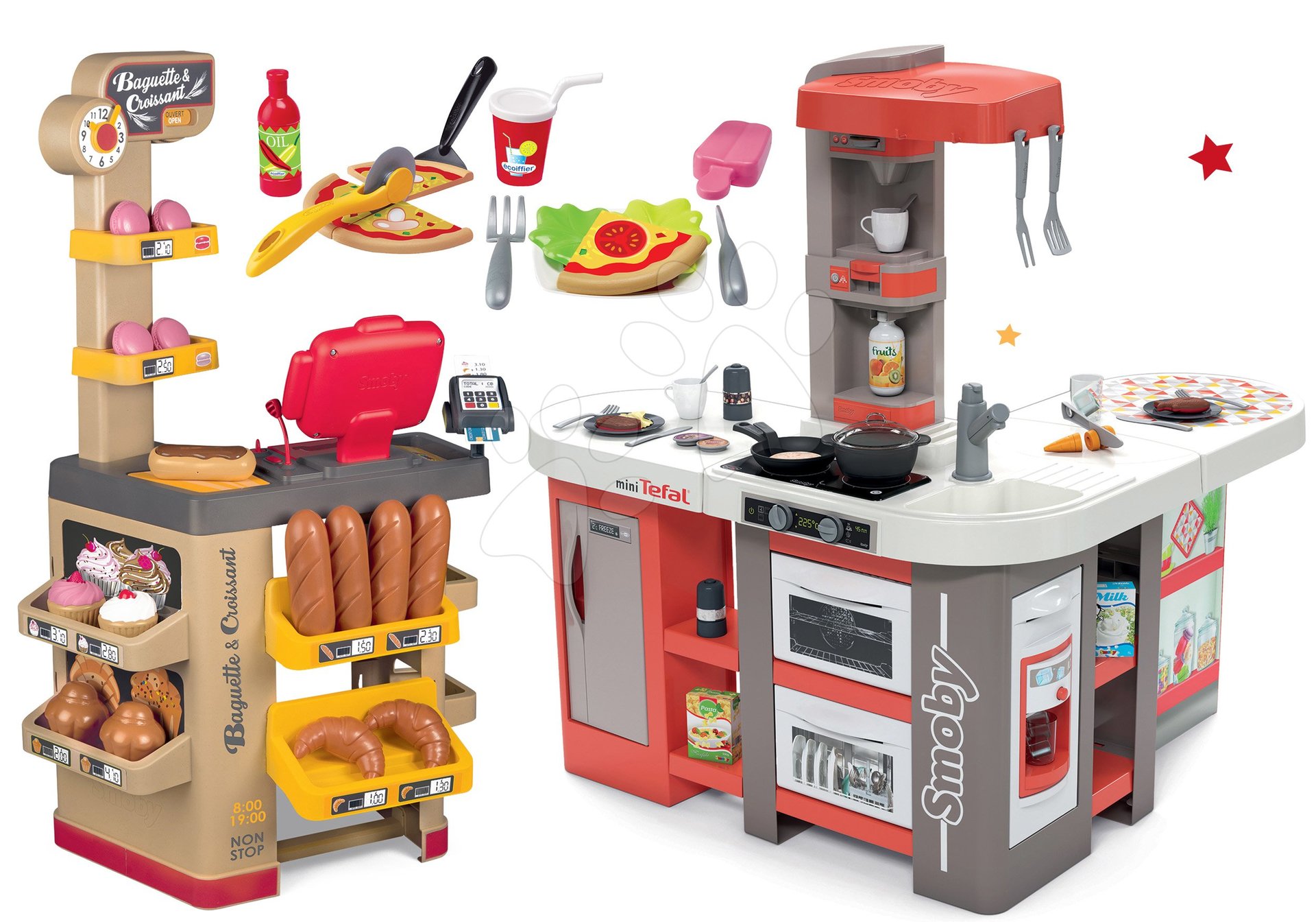 Set kuchynka elektronická Tefal Studio 360° XXL Bubble Smoby mrkvová a pekáreň s koláčmi Baguette&Croissant Bakery s pizzou