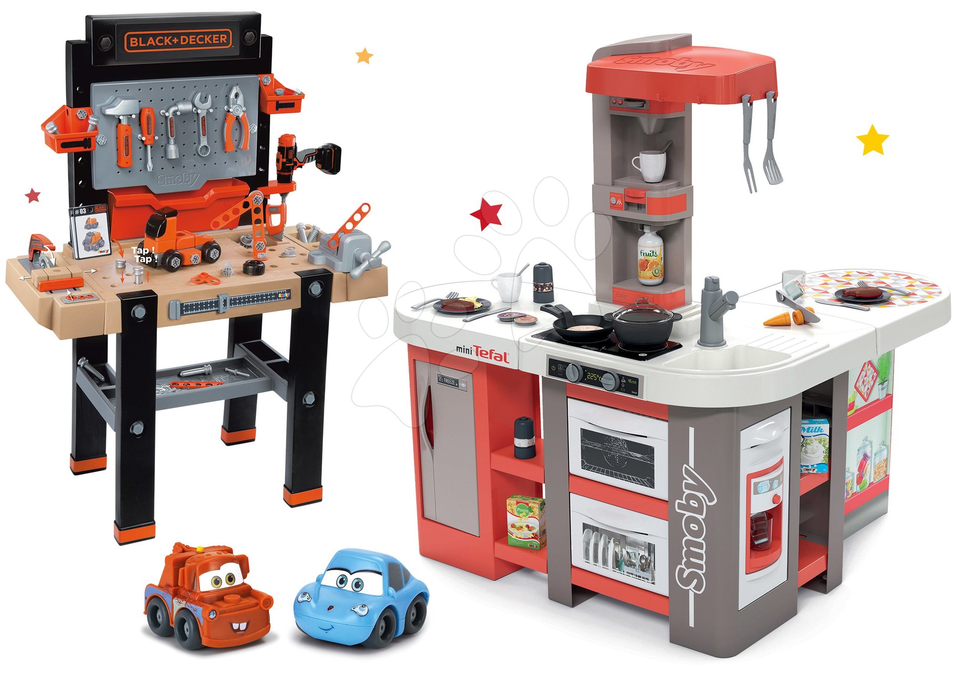 Set kuchynka elektronická Tefal Studio 360° XXL Bubble Smoby mrkvová a pracovná dielňa Black+Decker so zvukmi