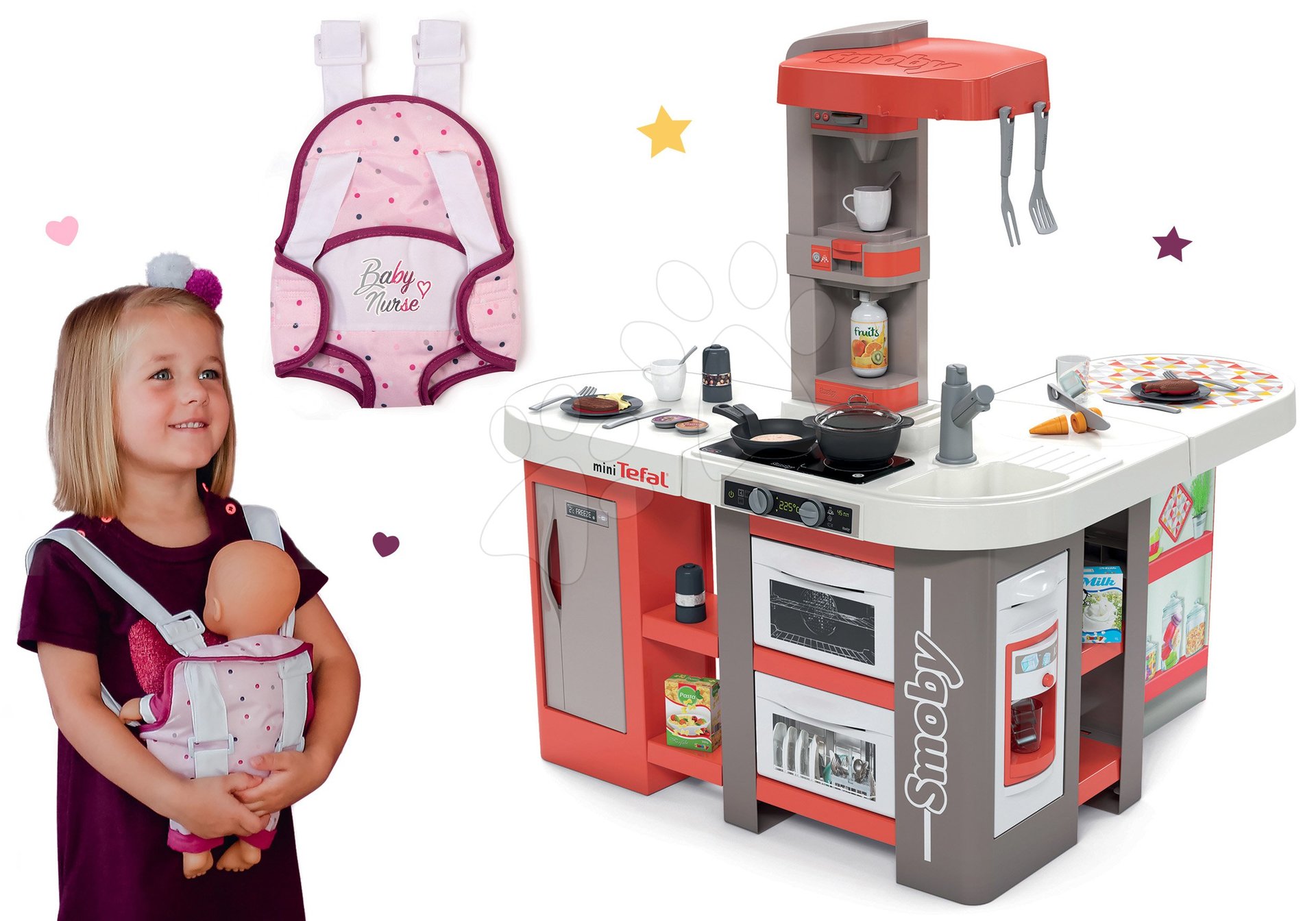 Set kuchynka elektronická Tefal Studio 360° XXL Bubble Smoby mrkvová a nosič Violette Baby Nurse ergonomický pre 42 cm bábiku