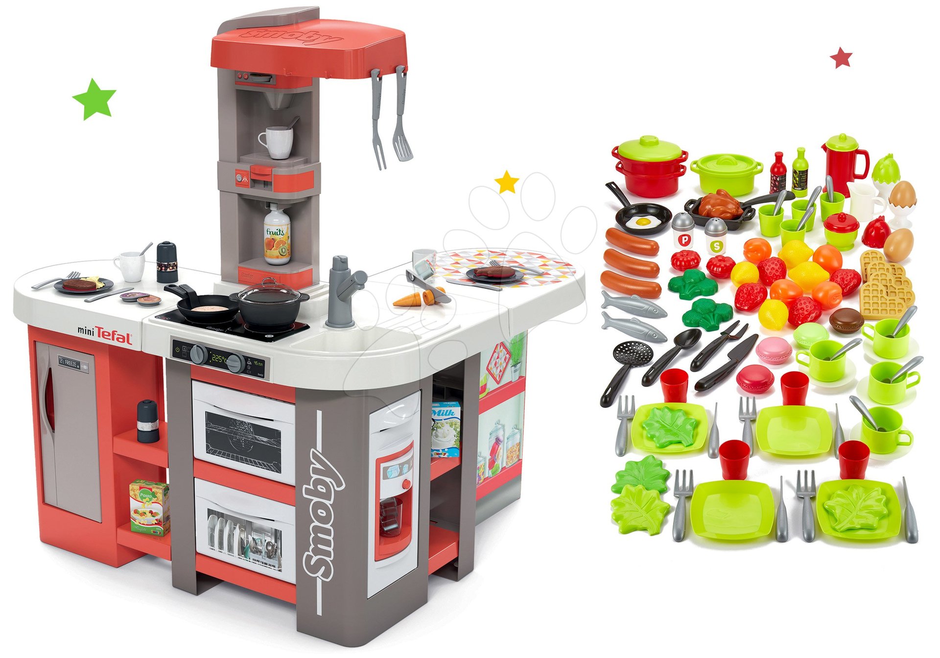 Set kuchynka elektronická Tefal Studio 360° XXL Bubble Smoby mrkvová a 100-dielna súprava ovocia zeleniny a potraviny s riadom