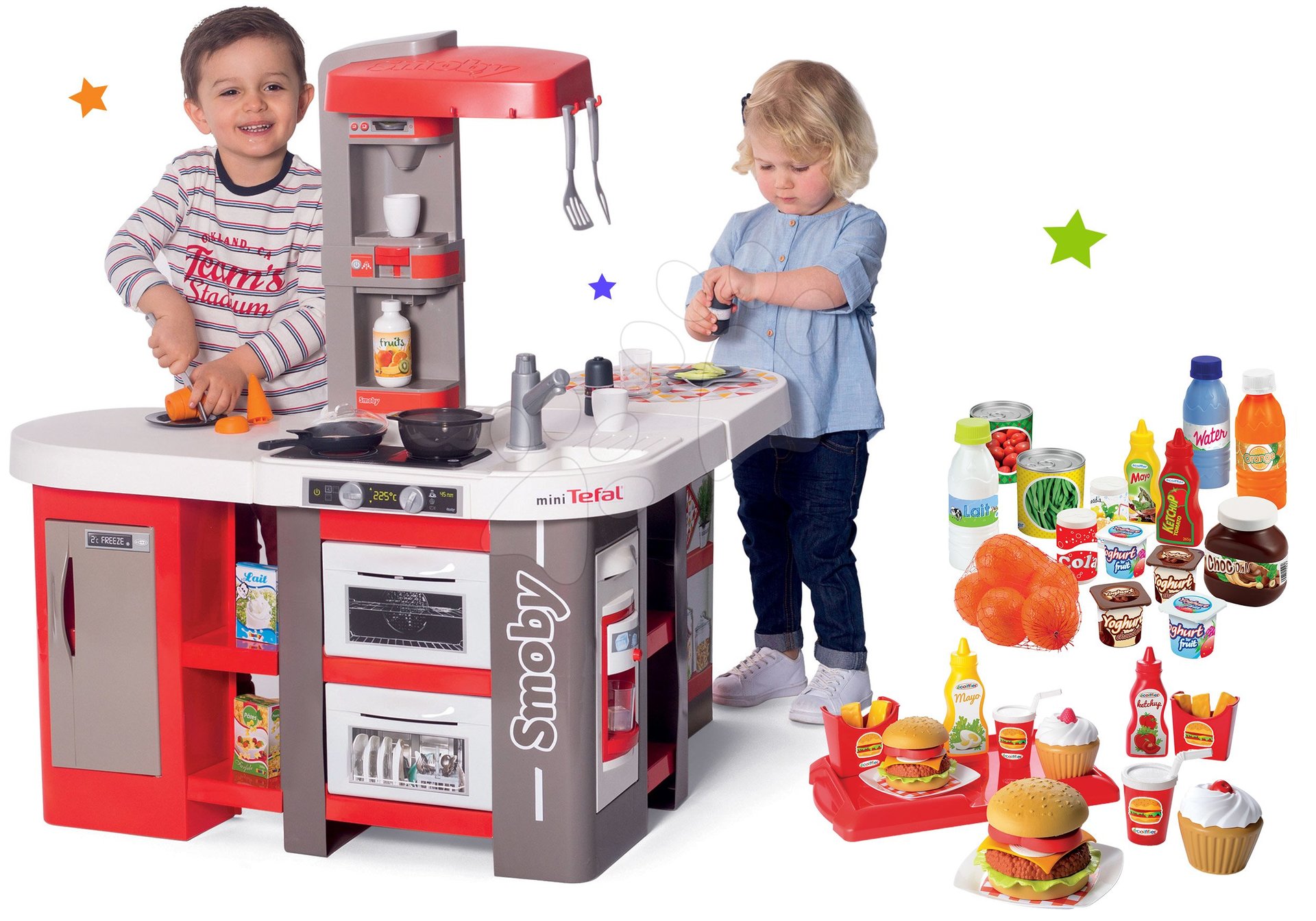Set kuchynka elektronická Tefal Studio 360° XXL Bubble Smoby mrkvová a potraviny s hamburgermi na tácke