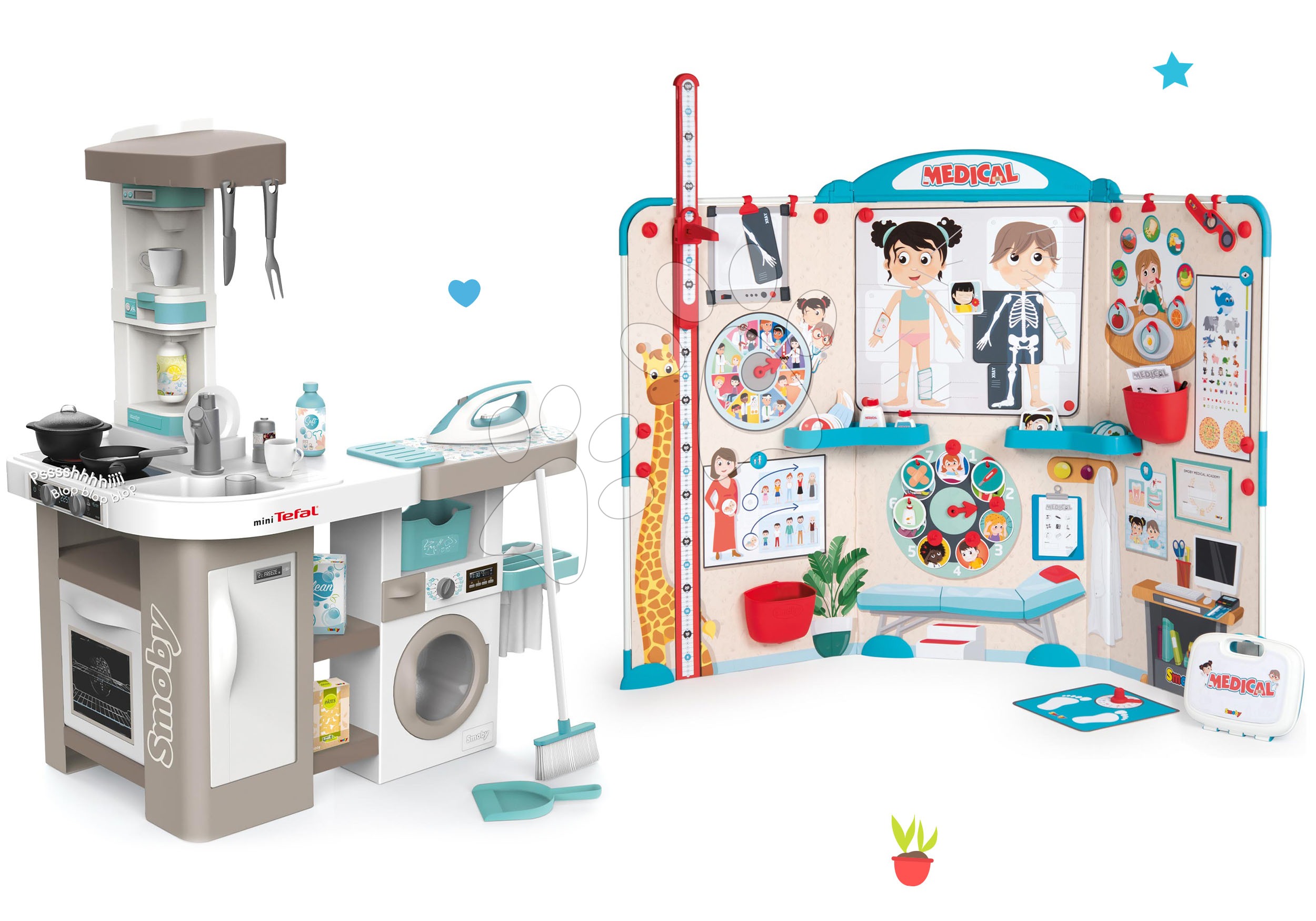 Kuhinje za otroke kompleti - Komplet elektronska kuhinja s pralnim strojem in likalno desko Tefal Cleaning Kitchen 360° Smoby in zdravniška ambulanta z anatomijo človeškega telesa