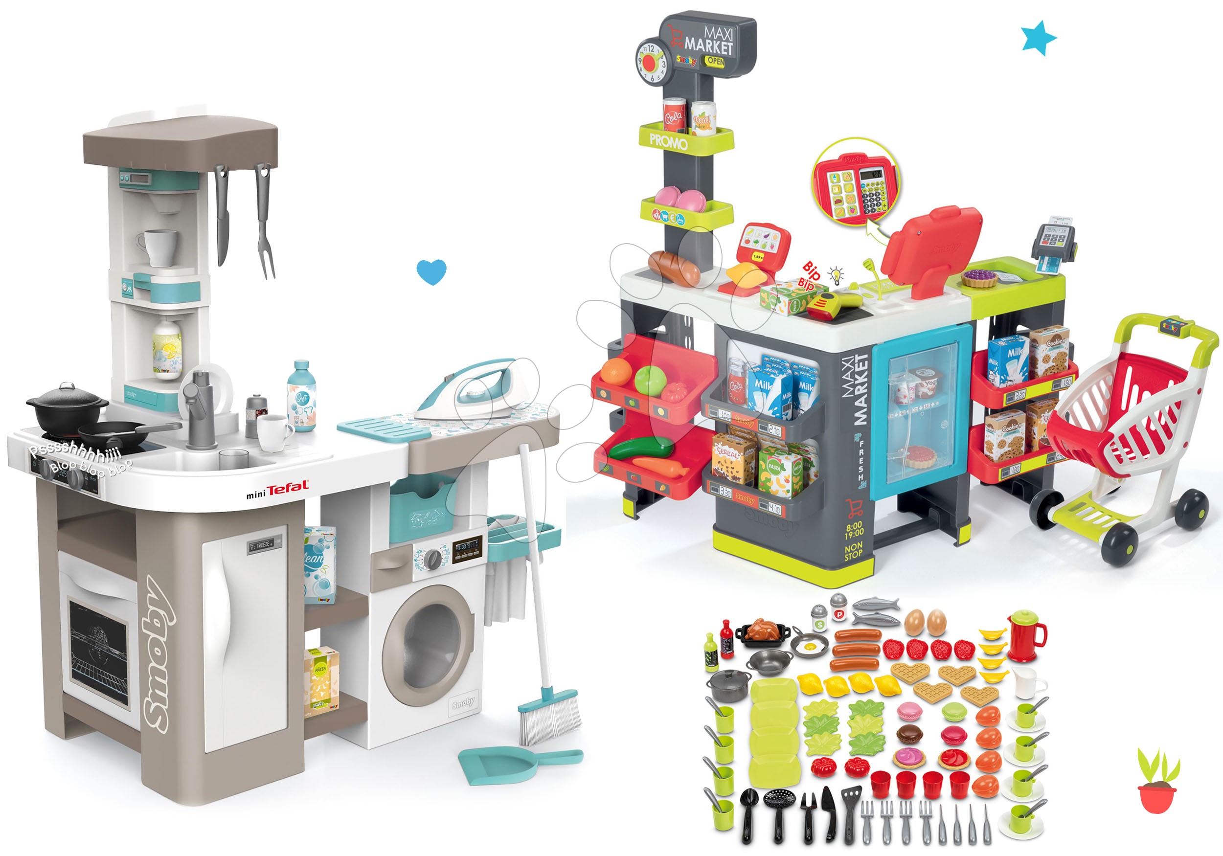 Kuhinje za otroke kompleti - Komplet elektronska kuhinja s pralnim strojem in likalno desko Tefal Cleaning Kitchen 360° Smoby in trgovina z elektronsko blagajno in živila s posodicami