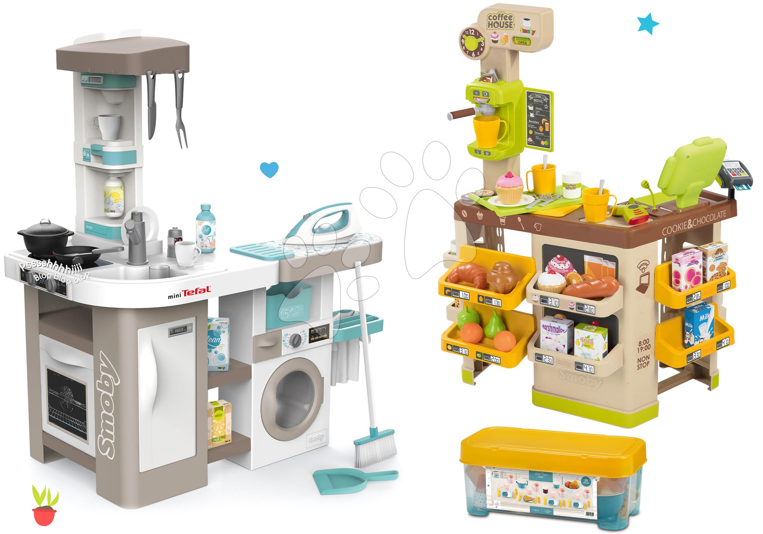 Kuhinje za otroke kompleti - Komplet elektronska kuhinja s pralnim strojem in likalno desko Tefal Cleaning Kitchen 360° Smoby in kavarna z espresso kavomatom in jedilni set